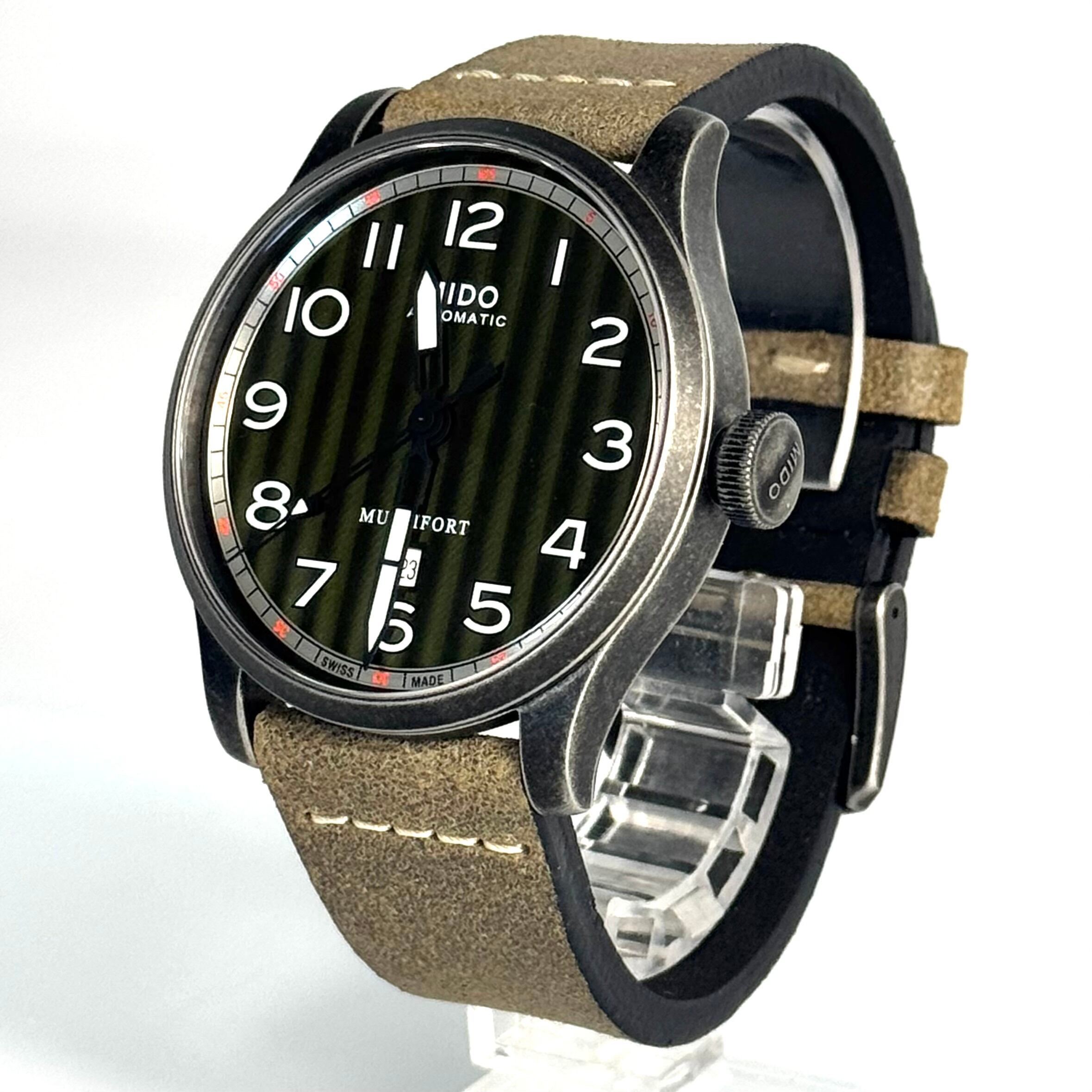 【美品】ミドー MIDO マルチフォート M032607A 自動巻 デイト表示 裏スケ カーキ 革ベルト