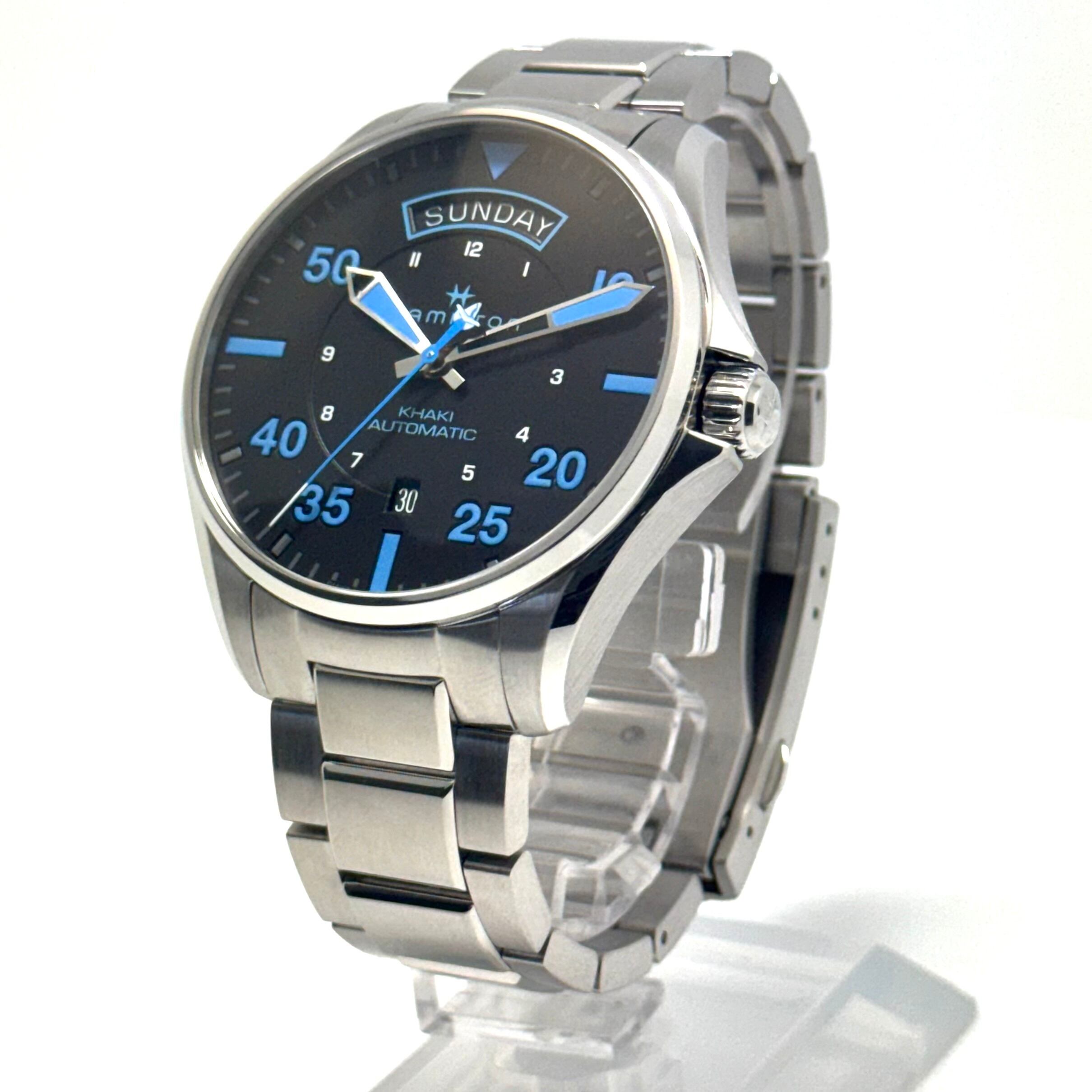 【美品・希少】ハミルトン HAMILTON カーキアビエーション H646250 H64625131 エアーツェルマットコラボレーションモデル 自動巻 デイデイト 裏スケ 黒