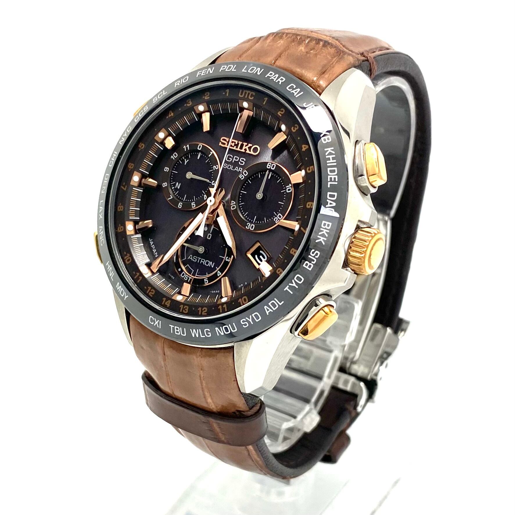 【美品】腕時計 メンズ セイコー アストロン SBXB025 8X82?0AB0-1 GPSソーラー ブラウン デイト表示 セラミック チタニウム 革ベルト 10気圧防水