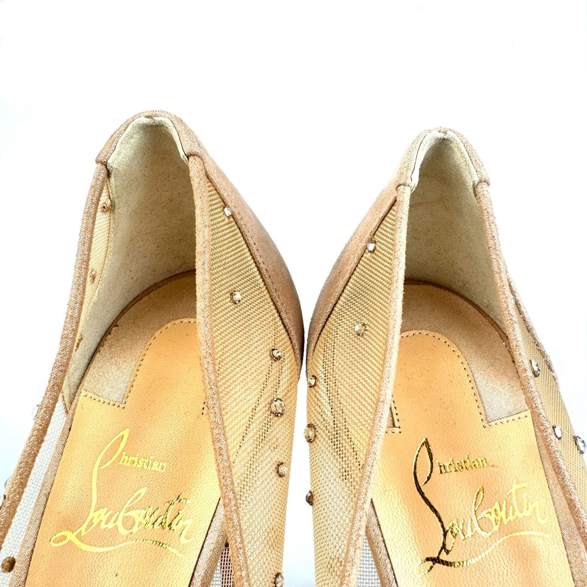 【未使用】クリスチャンルブタン パンプス メッシュ×スエード オープントゥ ベージュ 23.5cm