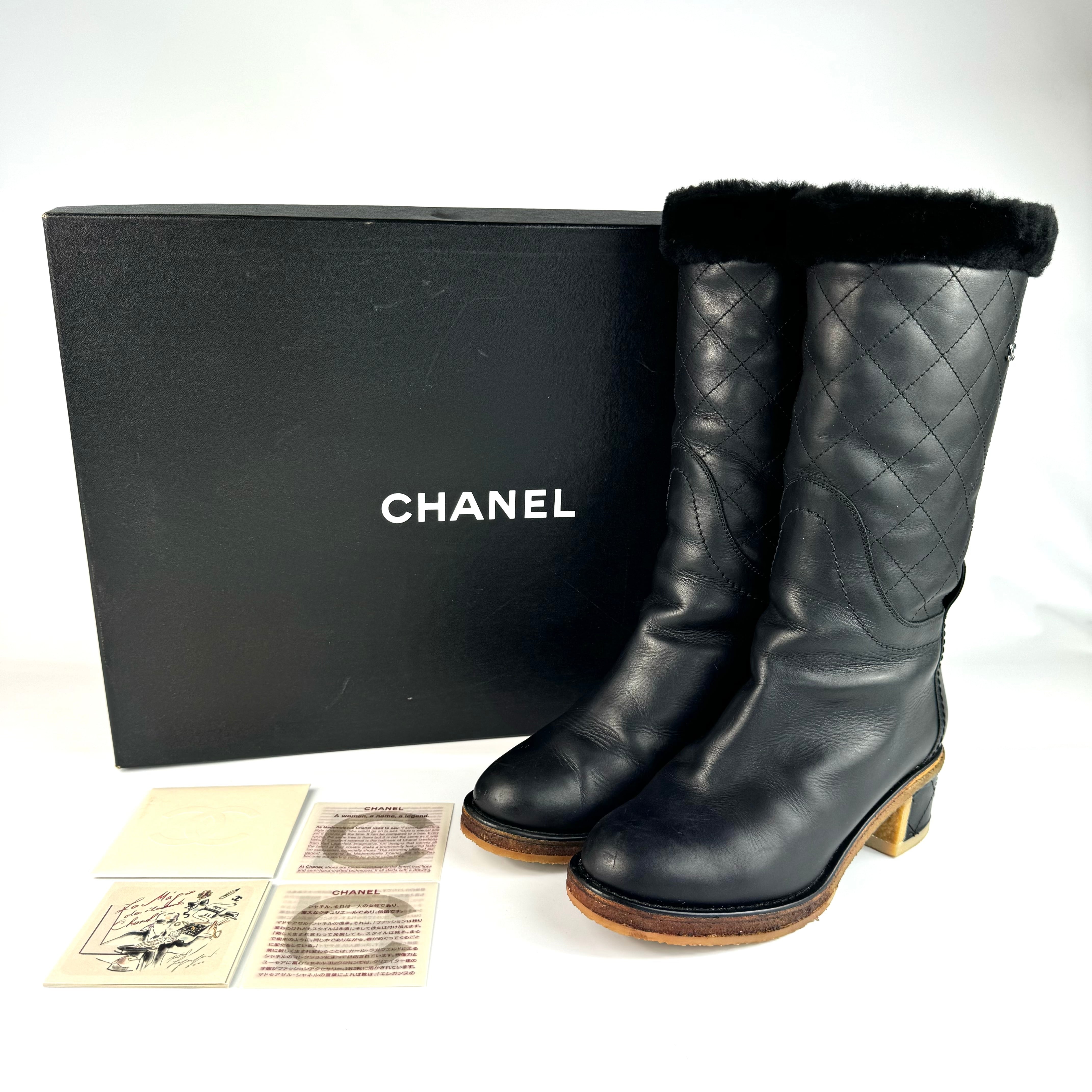【美品】シャネル ロングブーツ ムートン ココマーク レザー 黒 22.5cm