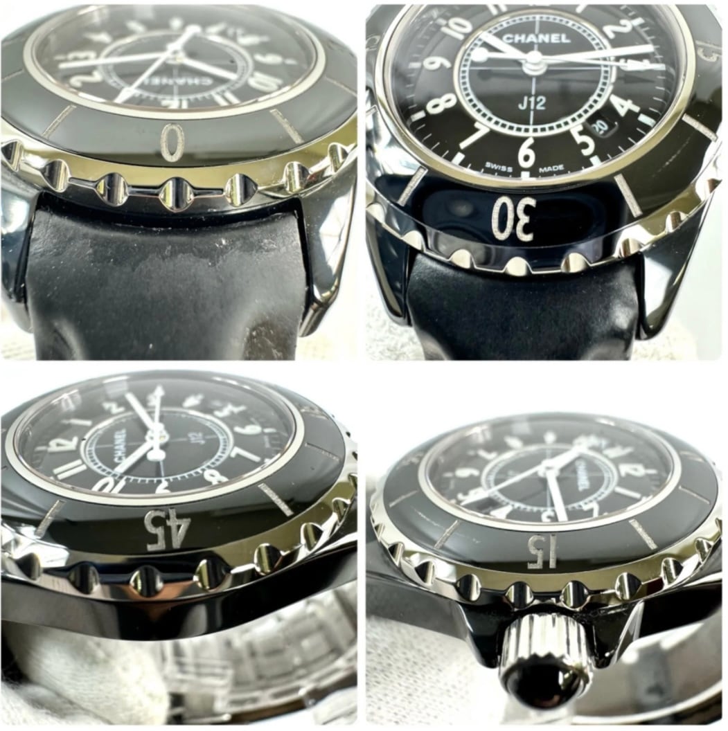 シャネル CHANEL J12 H0680 クォーツ 黒 セラミック デイト表示 革ベルト レディース