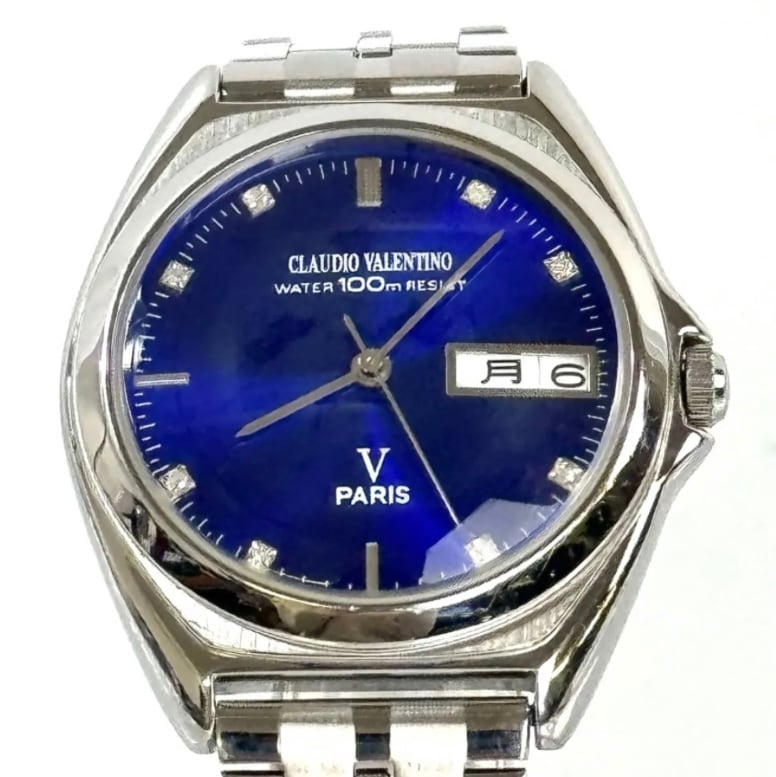 バレンチノ CLAUDIO VALENTINO クォーツ デイデイト ブルー ラインストーン