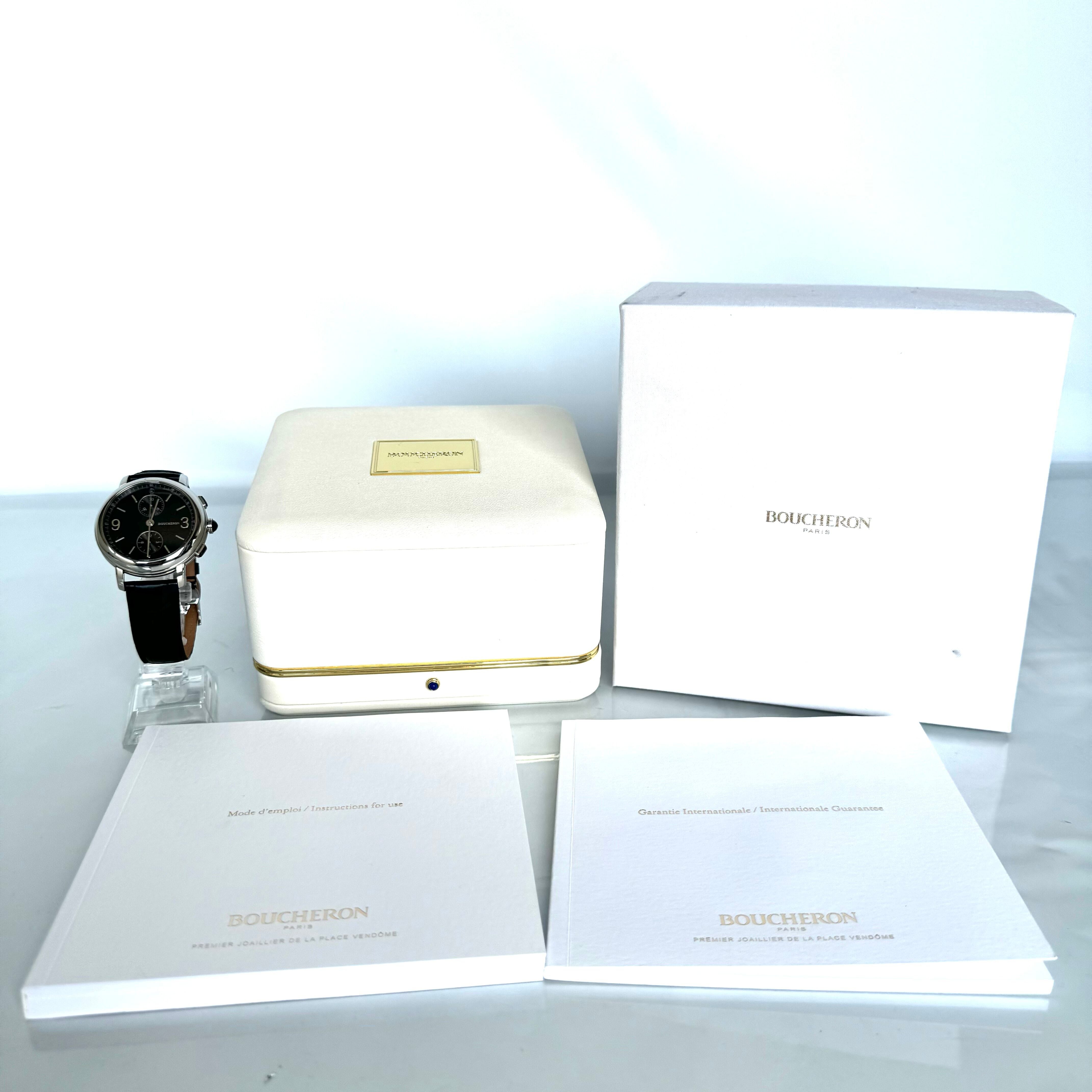 【美品】ブシュロン エピュール WA021302 自動巻 黒 クロノグラフ 裏スケ 革ベルト