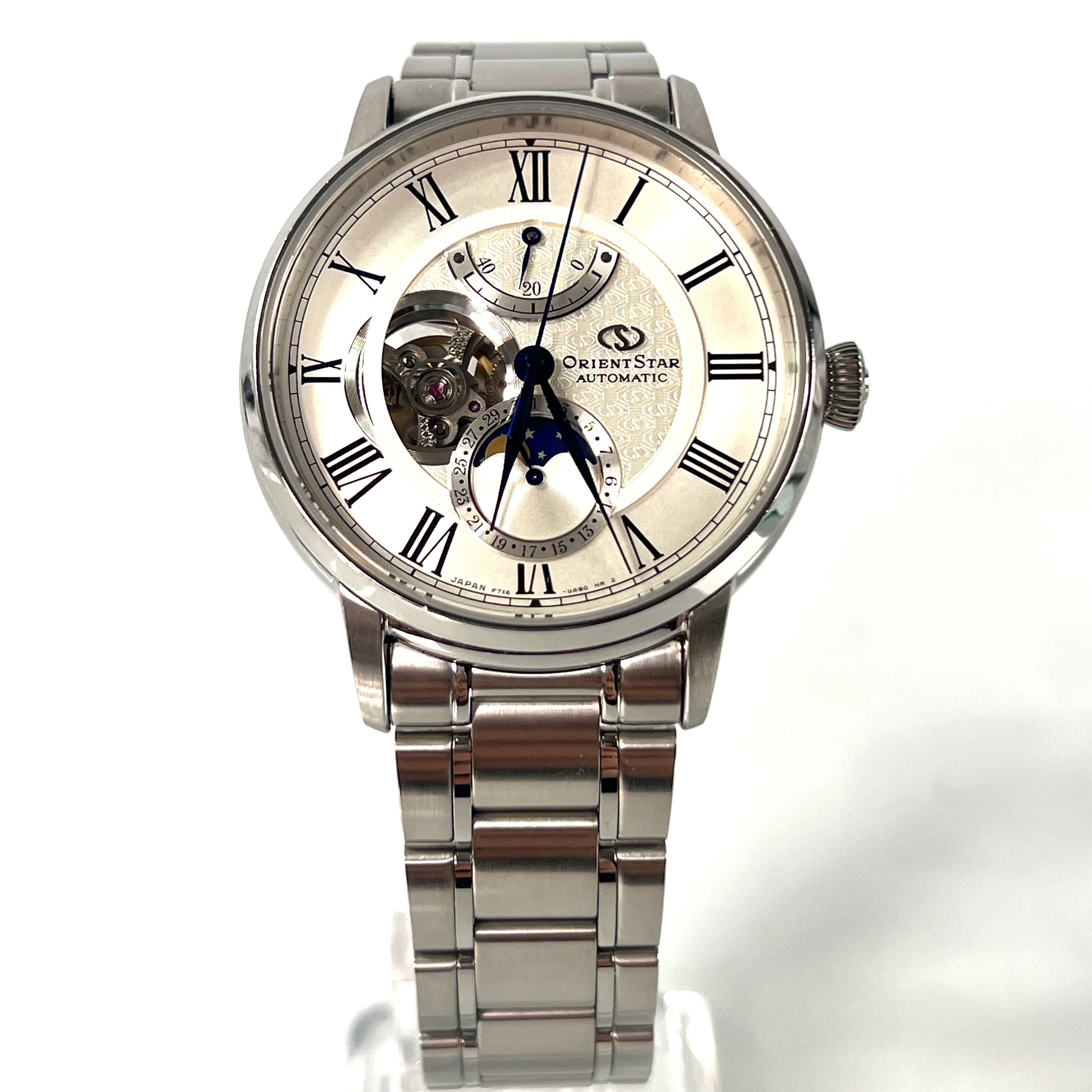 【美品】オリエント オリエントスター RK-AM0005S F7X6-UAA0 自動巻 手巻 セミスケルトン シルバー デイト表示 パワーリザーブ ムーンフェイズ ローマ数字
