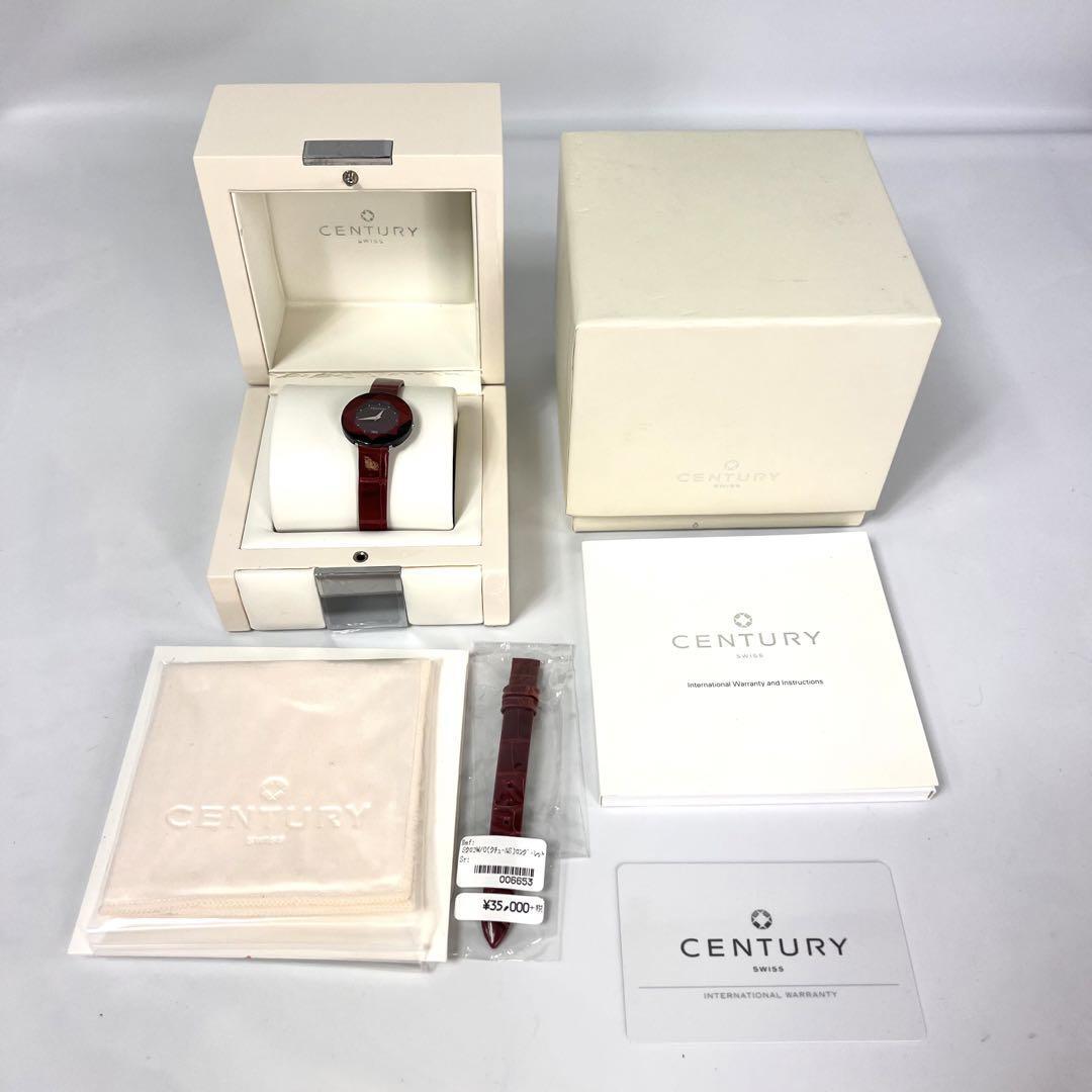 【美品】センチュリー タイムジェム クォーツ カットガラス ボルドー 革ベルト