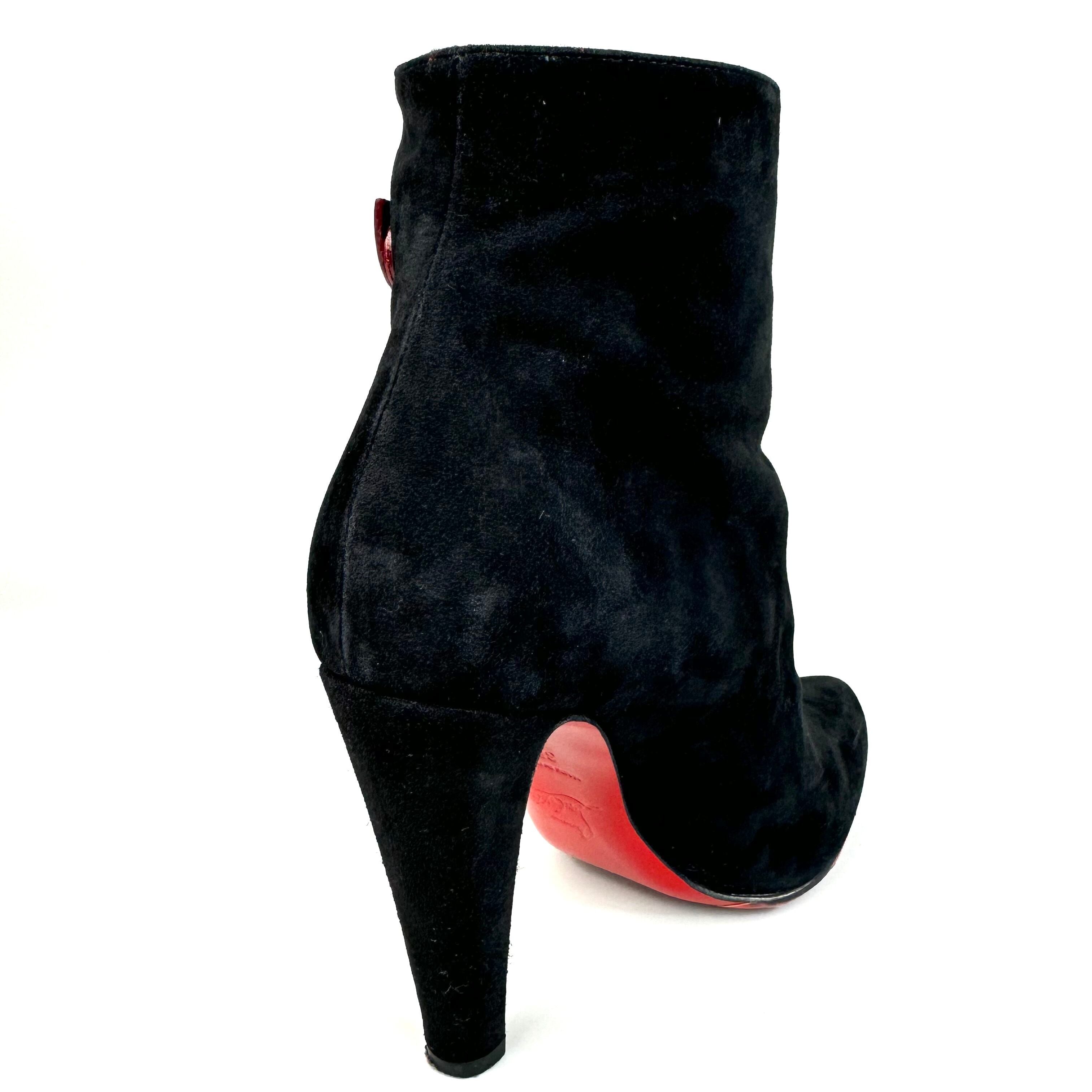 クリスチャンルブタン ショートブーツ サイドベルト スエード 赤 黒 25cm