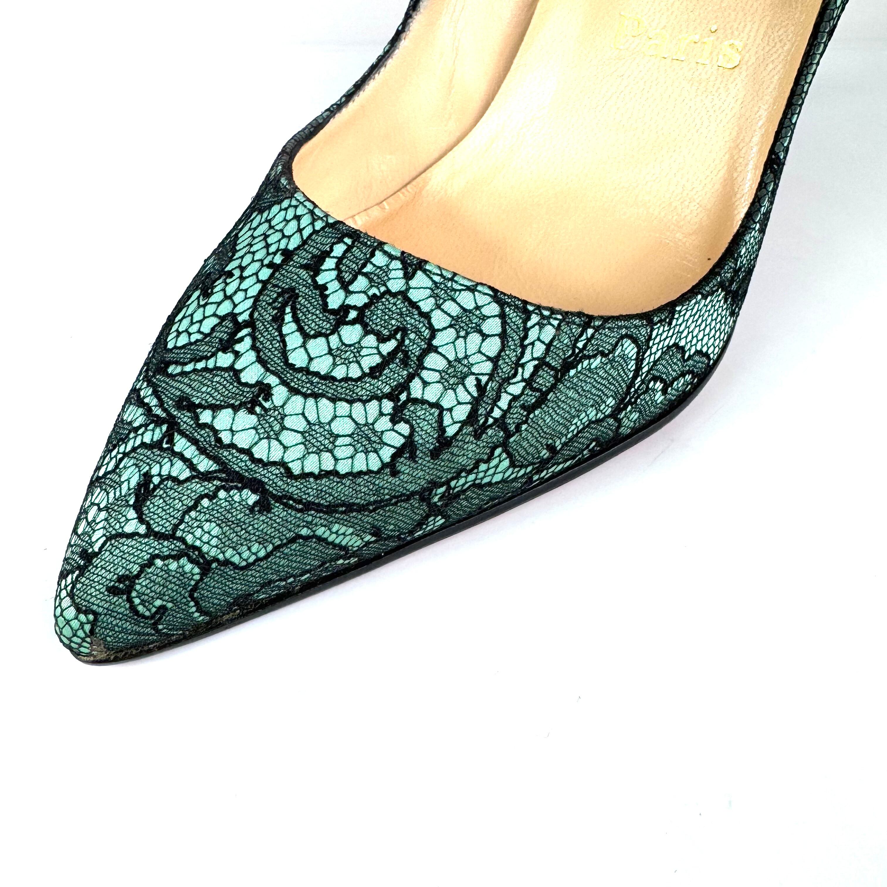 クリスチャンルブタン Christian Louboutin パンプス フラワーレース パーティー グリーン ブラック 37 日本サイズ約24cm