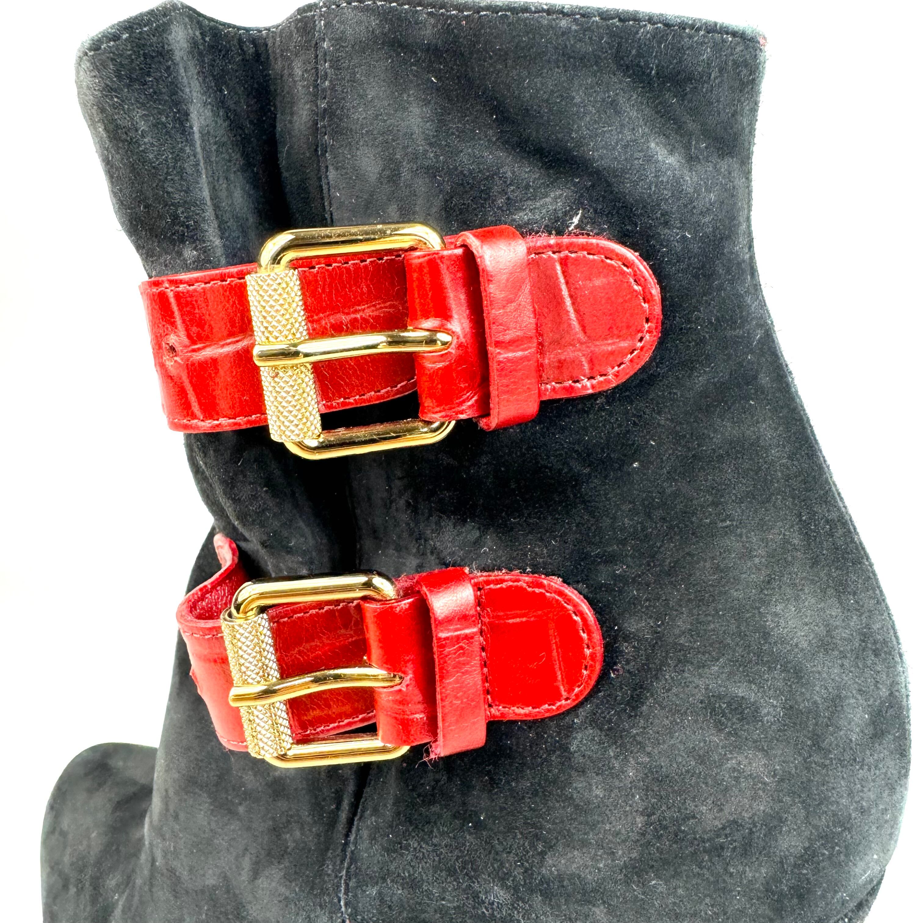 クリスチャンルブタン ショートブーツ サイドベルト スエード 赤 黒 25cm