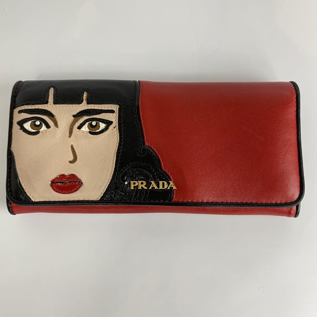 【希少】プラダ 長財布 赤 黒 アップリケ