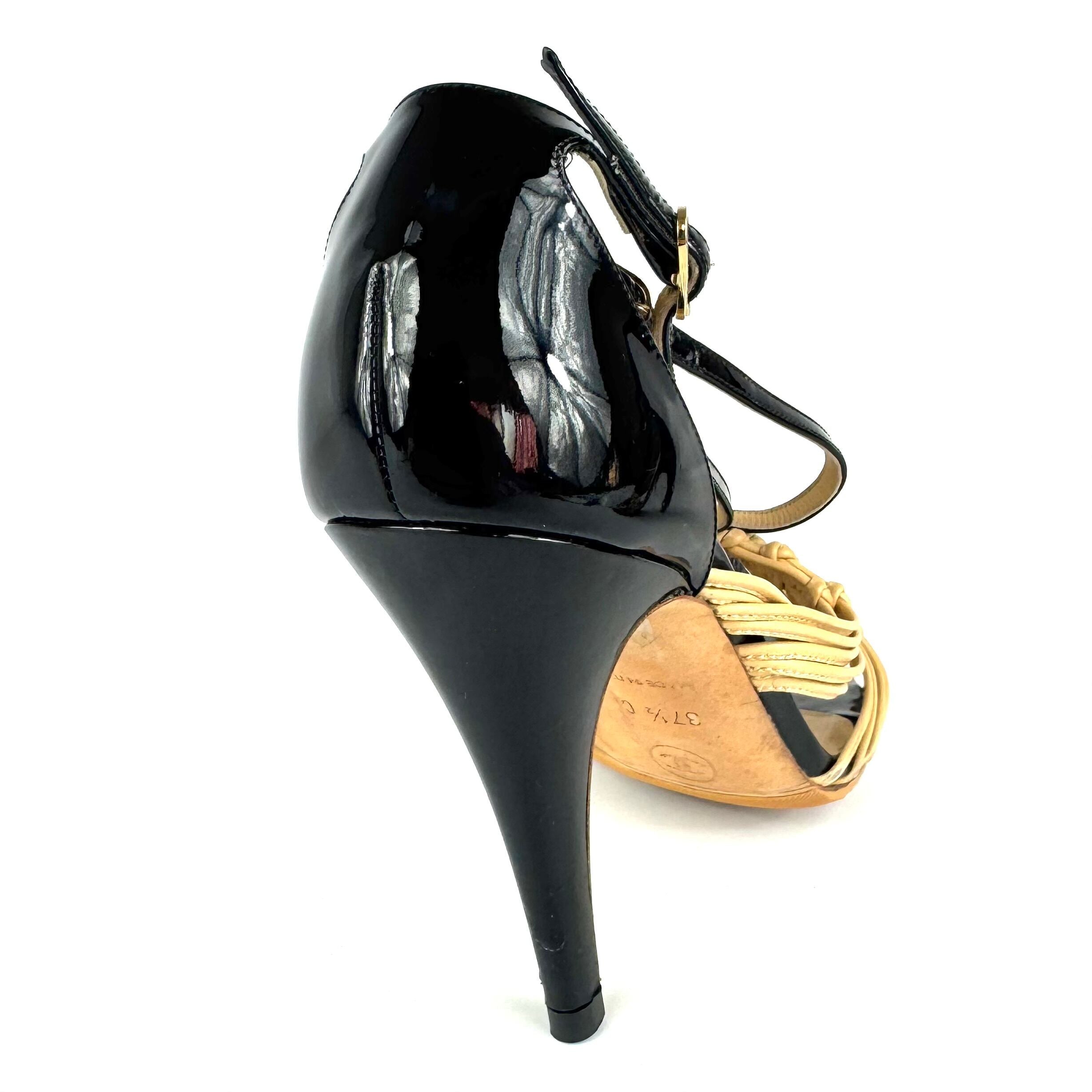 シャネル CHANEL ヒールサンダル ストラップ ココマーク ベージュ ブラック 37 1/2C 日本サイズ約24.5cm