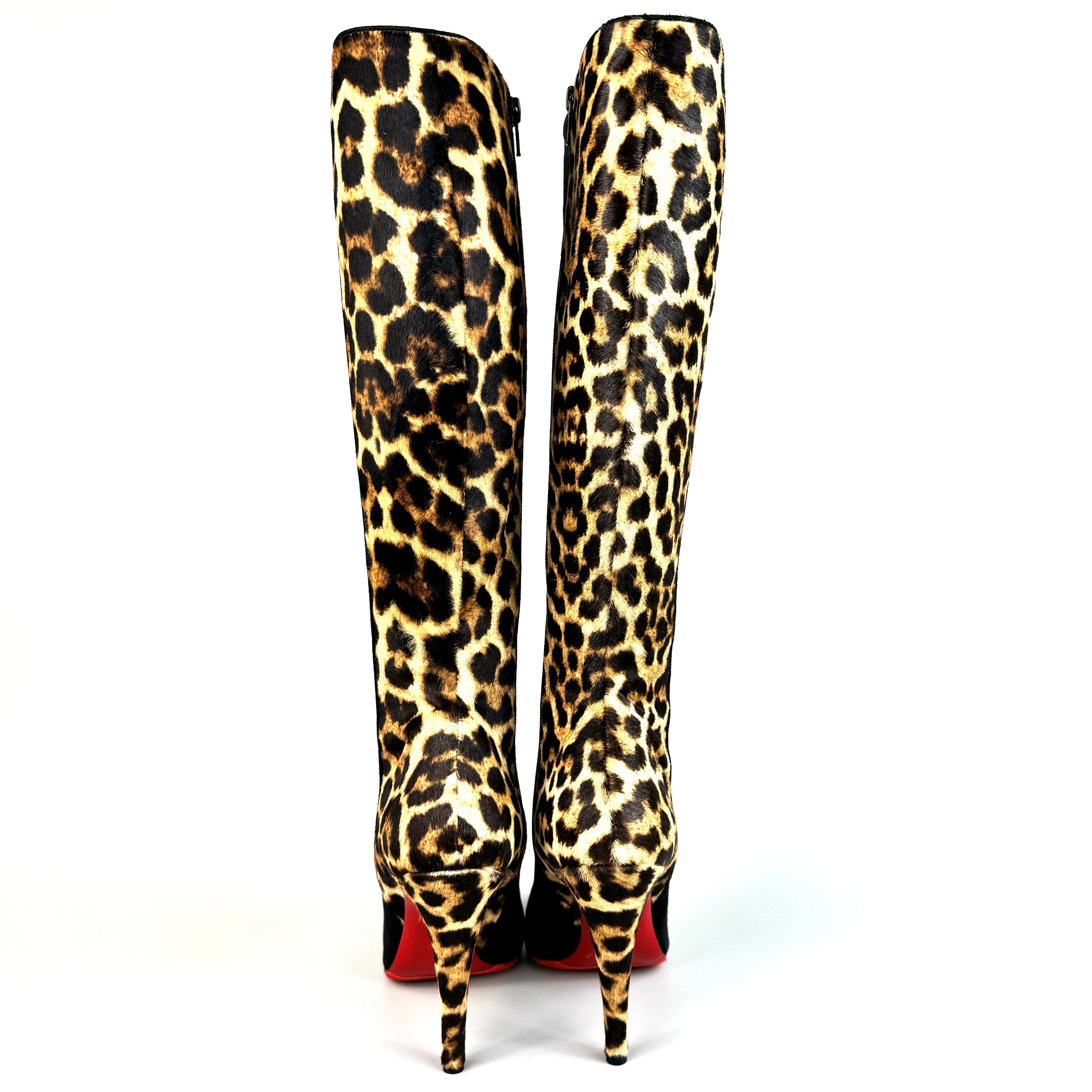 クリスチャンルブタン ロングブーツ ハラコ スエード 黒 ヒョウ柄 25cm
