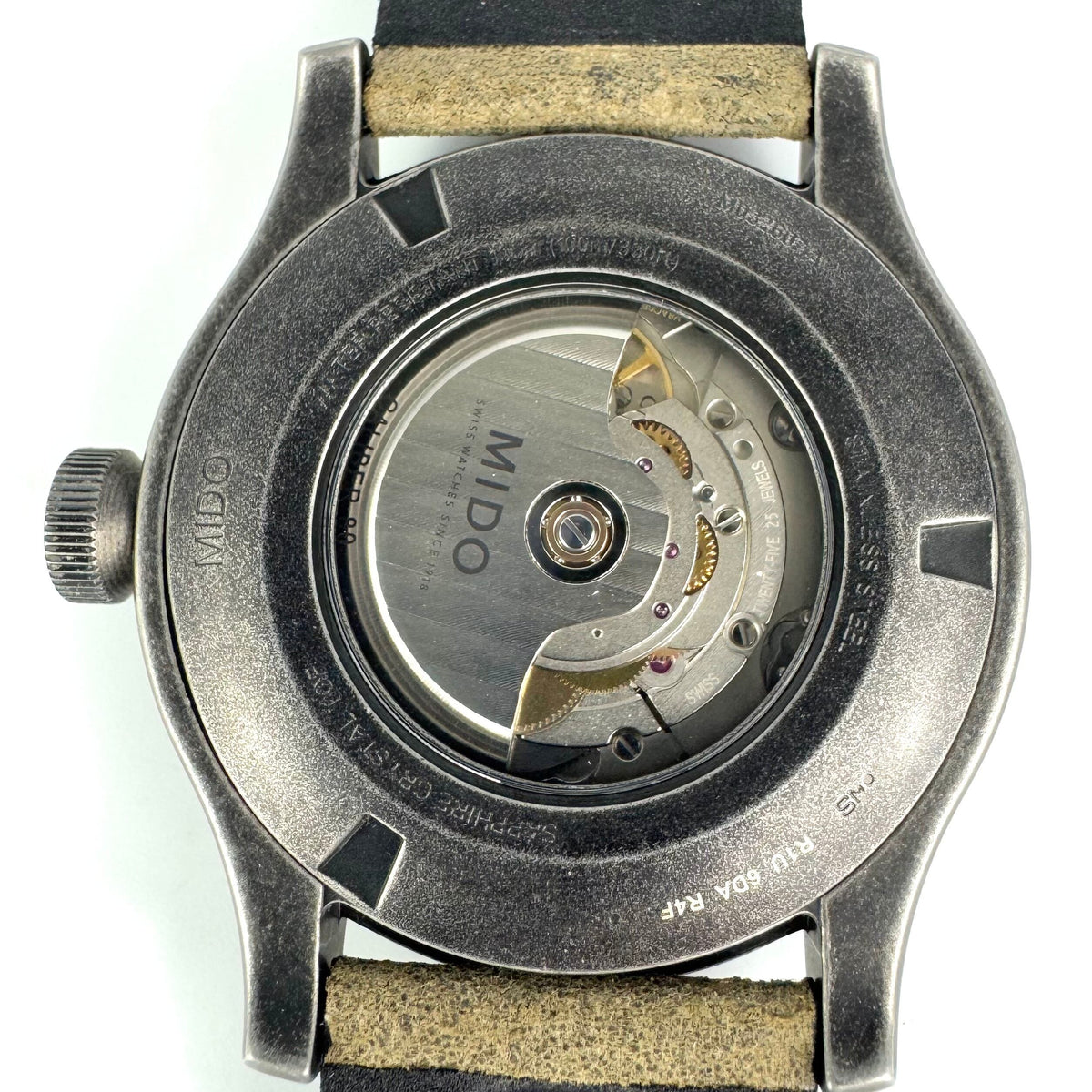 【美品】ミドー MIDO マルチフォート M032607A 自動巻 デイト表示 裏スケ カーキ 革ベルト