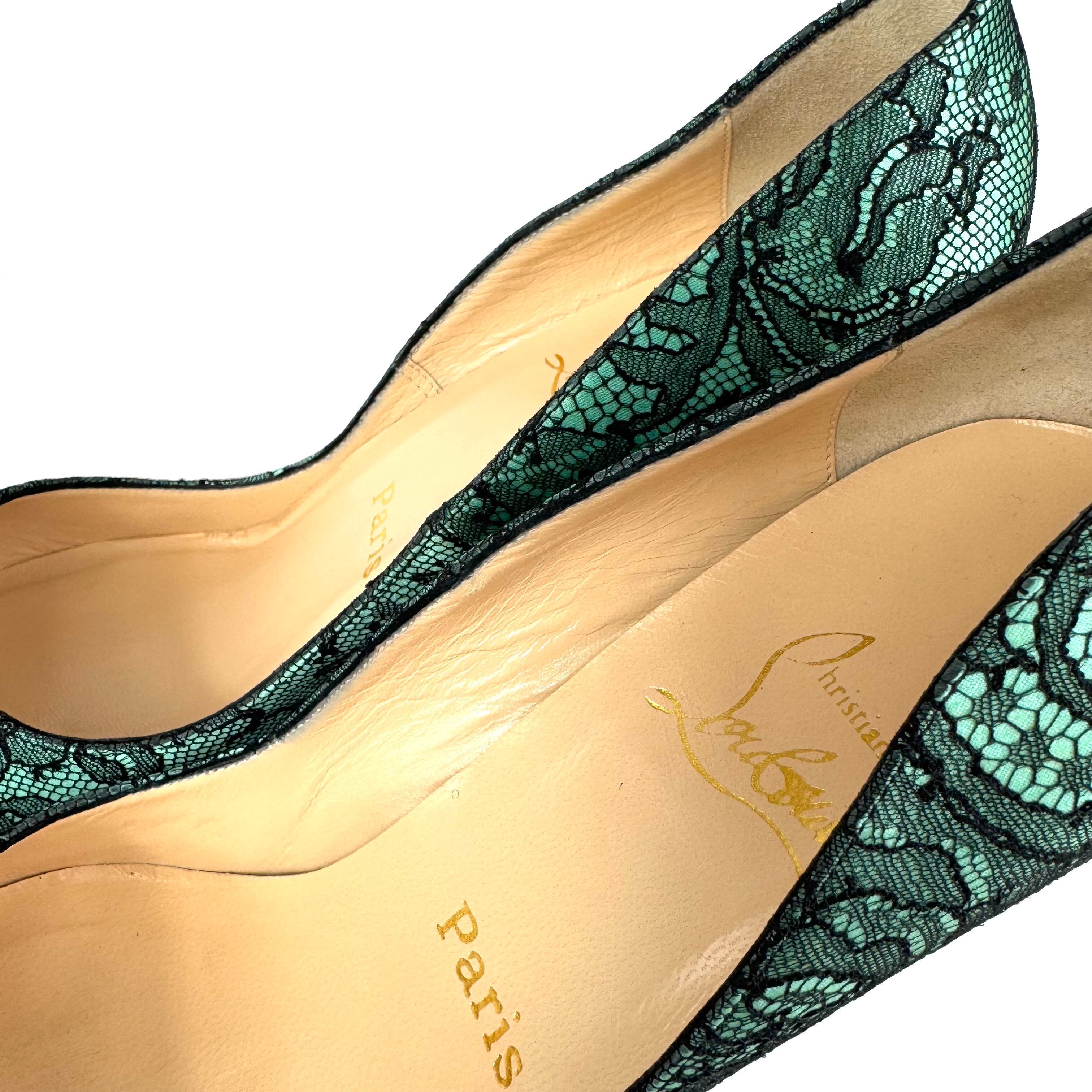 クリスチャンルブタン Christian Louboutin パンプス フラワーレース パーティー グリーン ブラック 37 日本サイズ約24cm