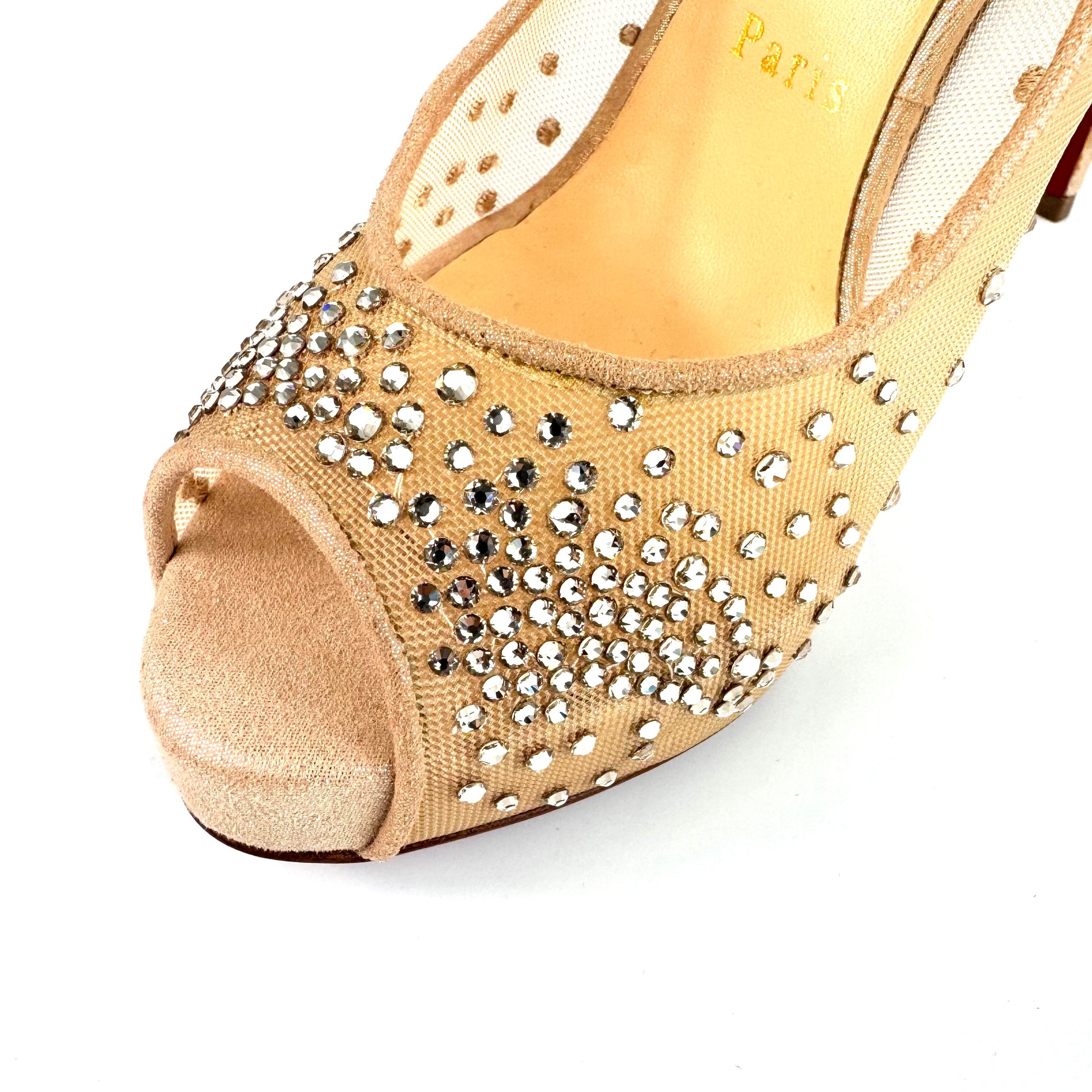 【未使用】クリスチャンルブタン パンプス メッシュ×スエード オープントゥ ベージュ 23.5cm