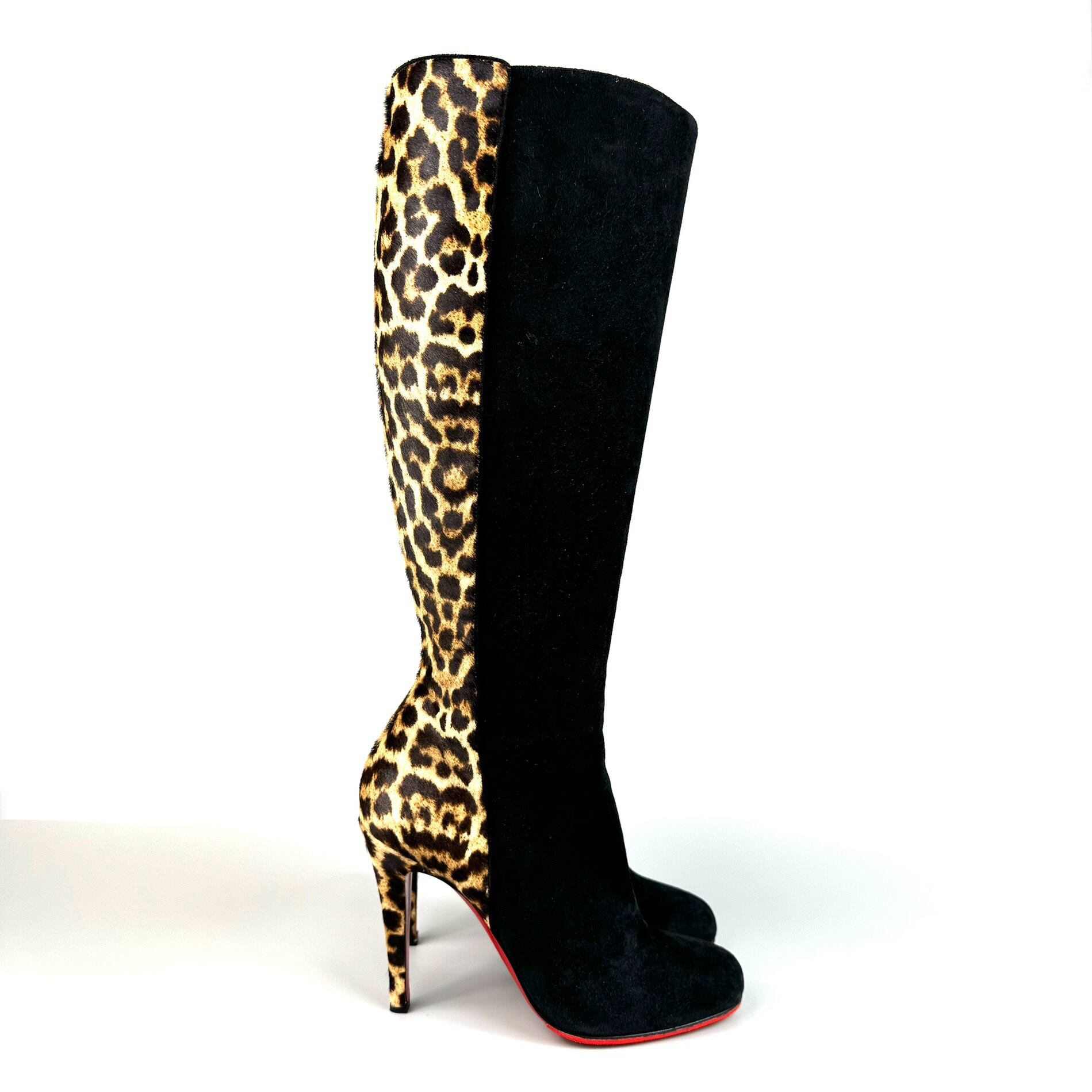 クリスチャンルブタン ロングブーツ ハラコ スエード 黒 ヒョウ柄 25cm