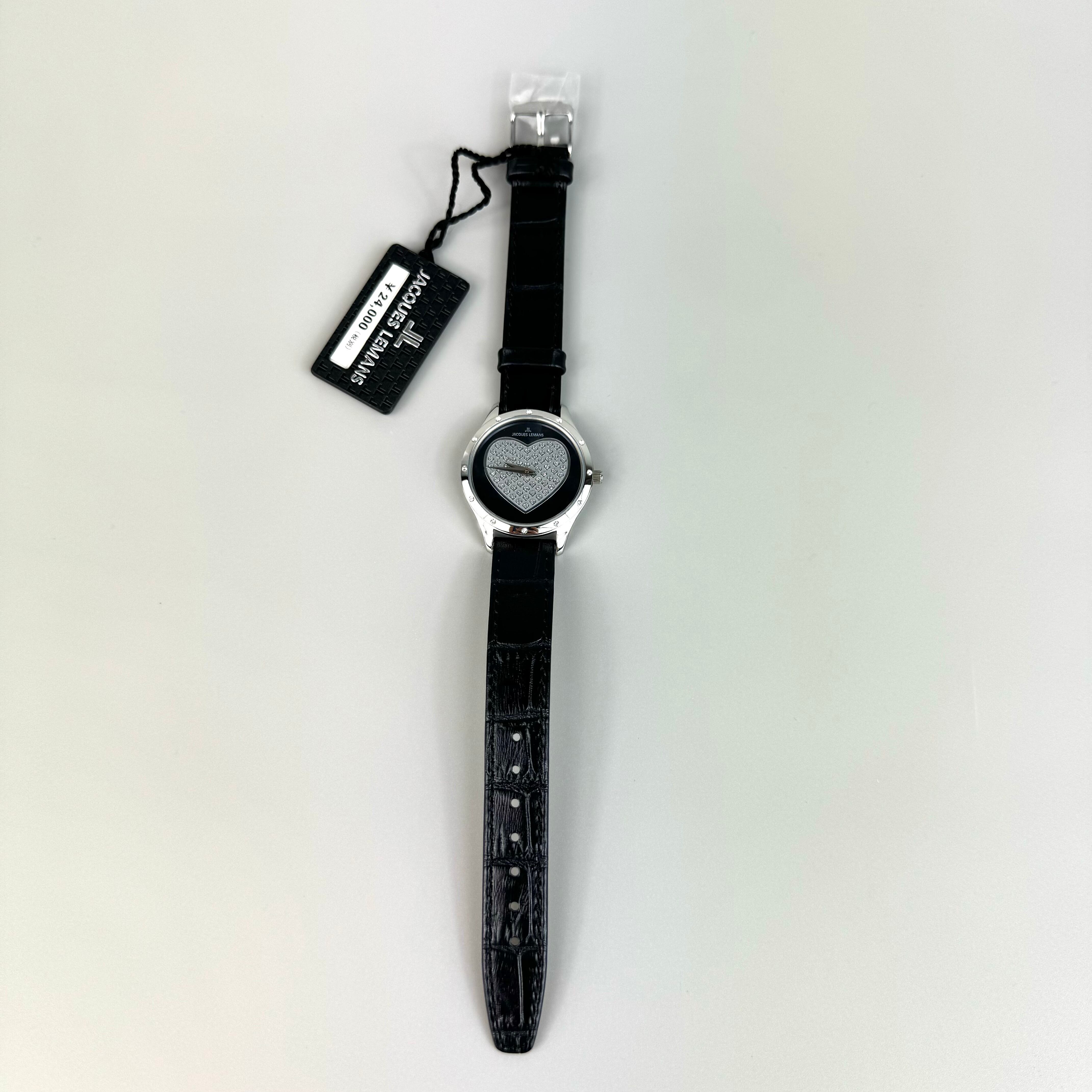 【未使用・電池交換済み】ジャックルマン JACQUES LEMANS JAL1-1803A クォーツ スワロフスキー ハート 黒 革ベルト