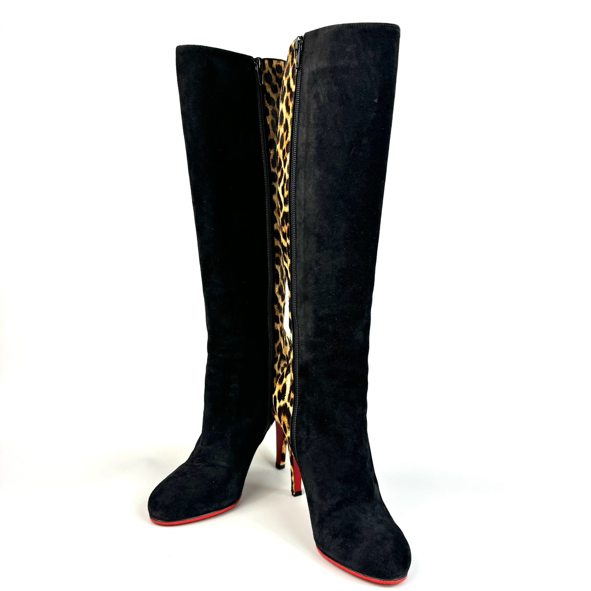 クリスチャンルブタン ロングブーツ ハラコ スエード 黒 ヒョウ柄 25cm
