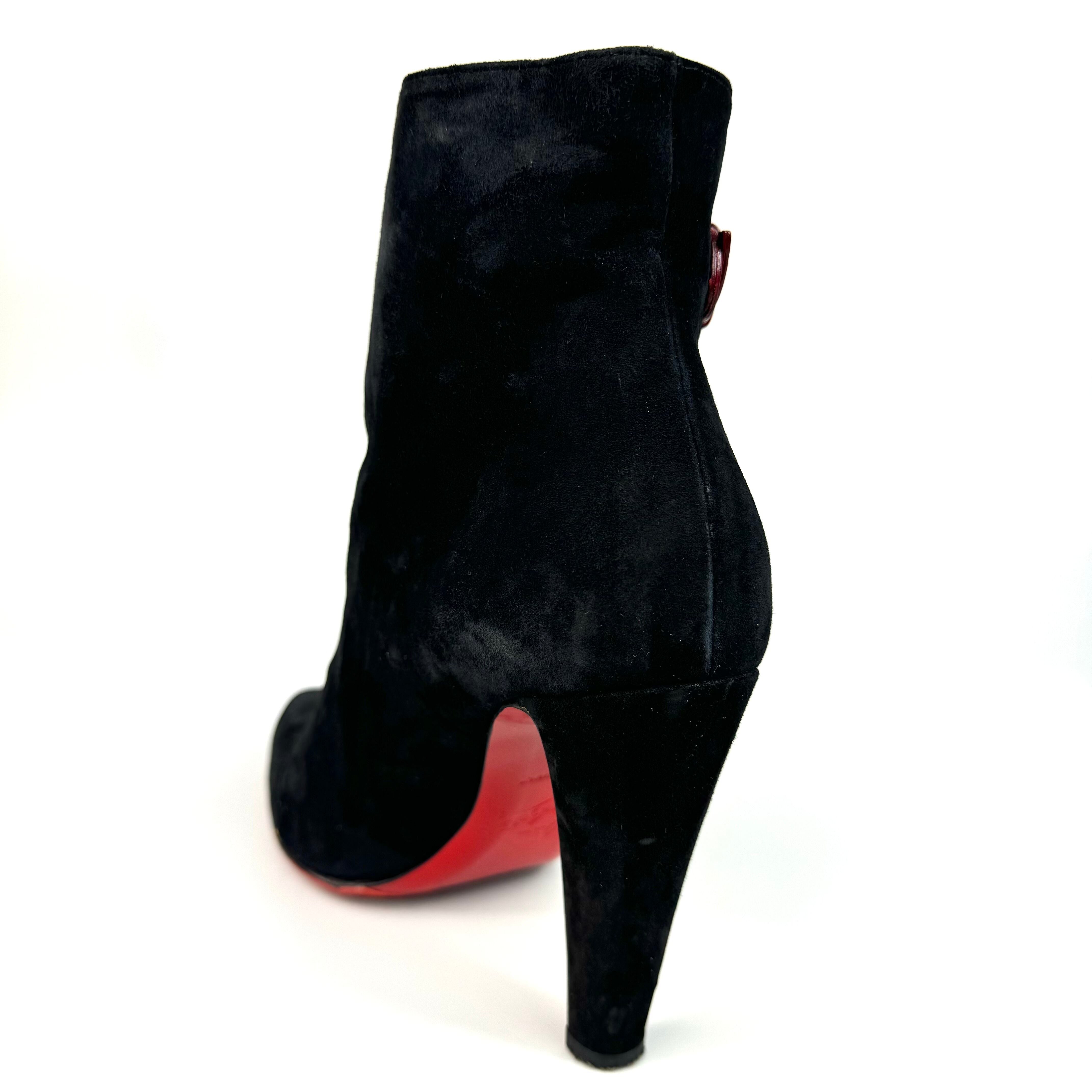 クリスチャンルブタン ショートブーツ サイドベルト スエード 赤 黒 25cm