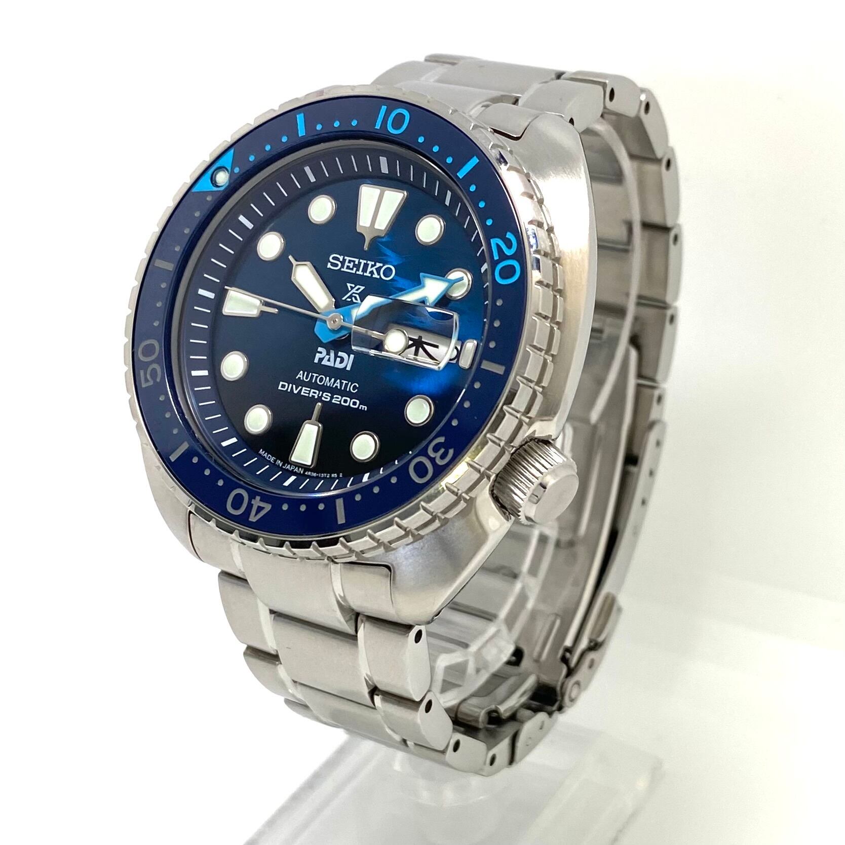 【美品】セイコー プロスペックス ダイバースキューバ PADIコラボモデル SBDY125 4R36-06Z0 自動巻 青 デイデイト表示(日本語・英語)