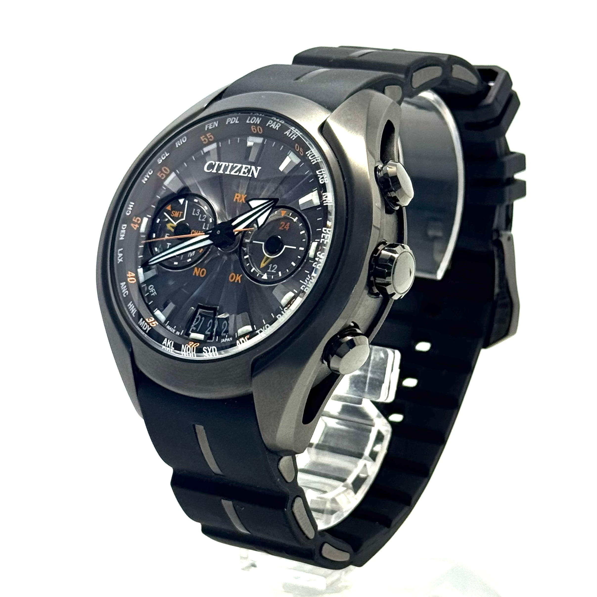 【美品】シチズン CITIZEN サテライトウェーブ Satellite Wave CC1076-02E H909-S085012 電波ソーラー チタニウム 黒 デイト表示 ラバーベルト