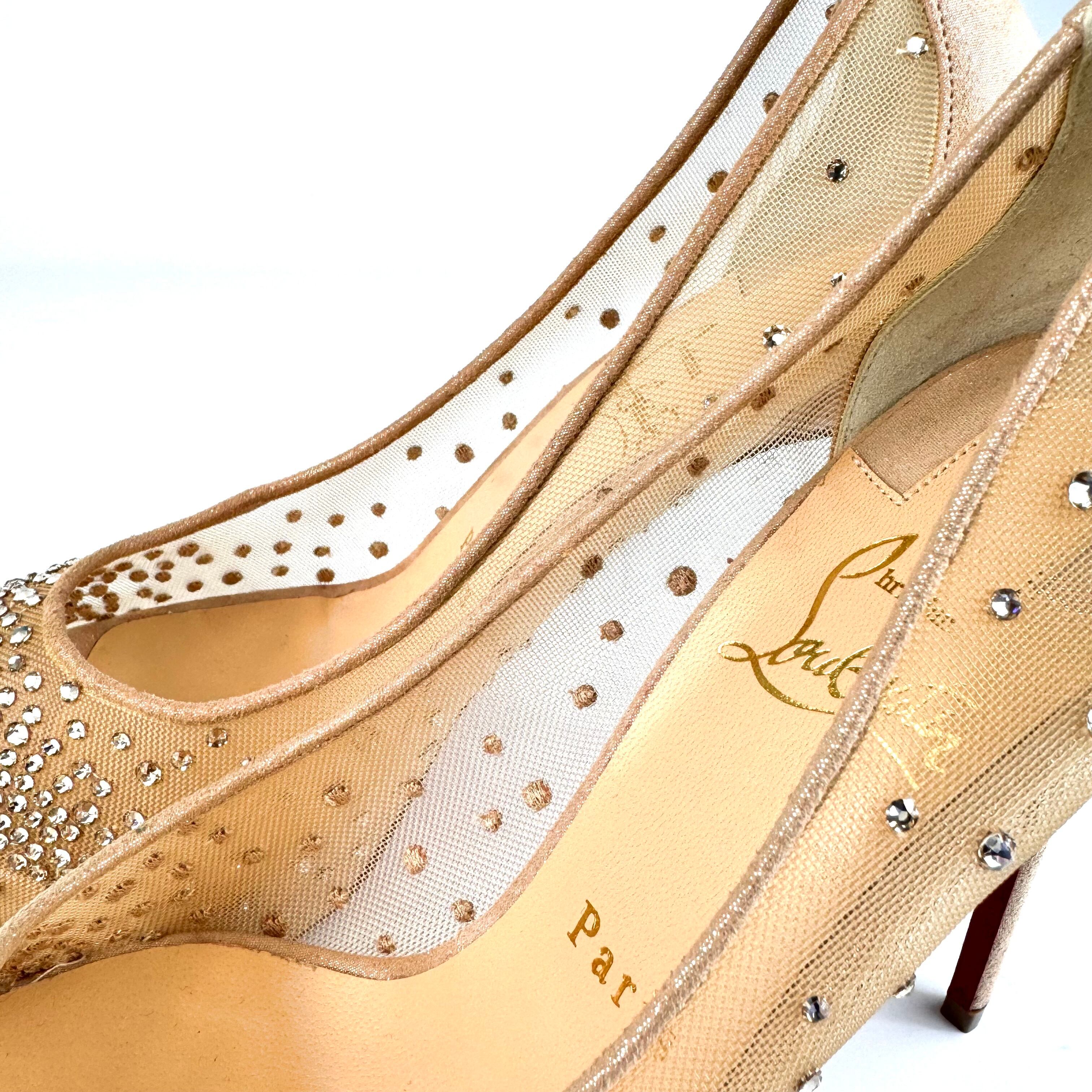 【未使用】クリスチャンルブタン パンプス メッシュ×スエード オープントゥ ベージュ 23.5cm