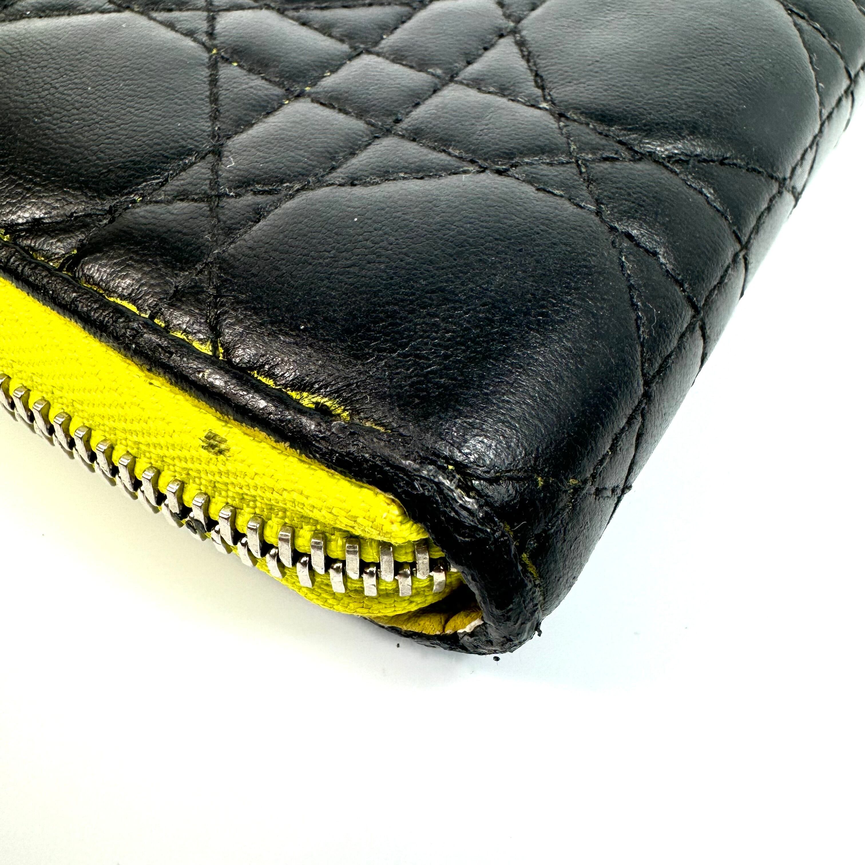 クリスチャンディオール カナージュ ロングウォレット ラウンドジップ レザー 黒 黄色 チャームなし