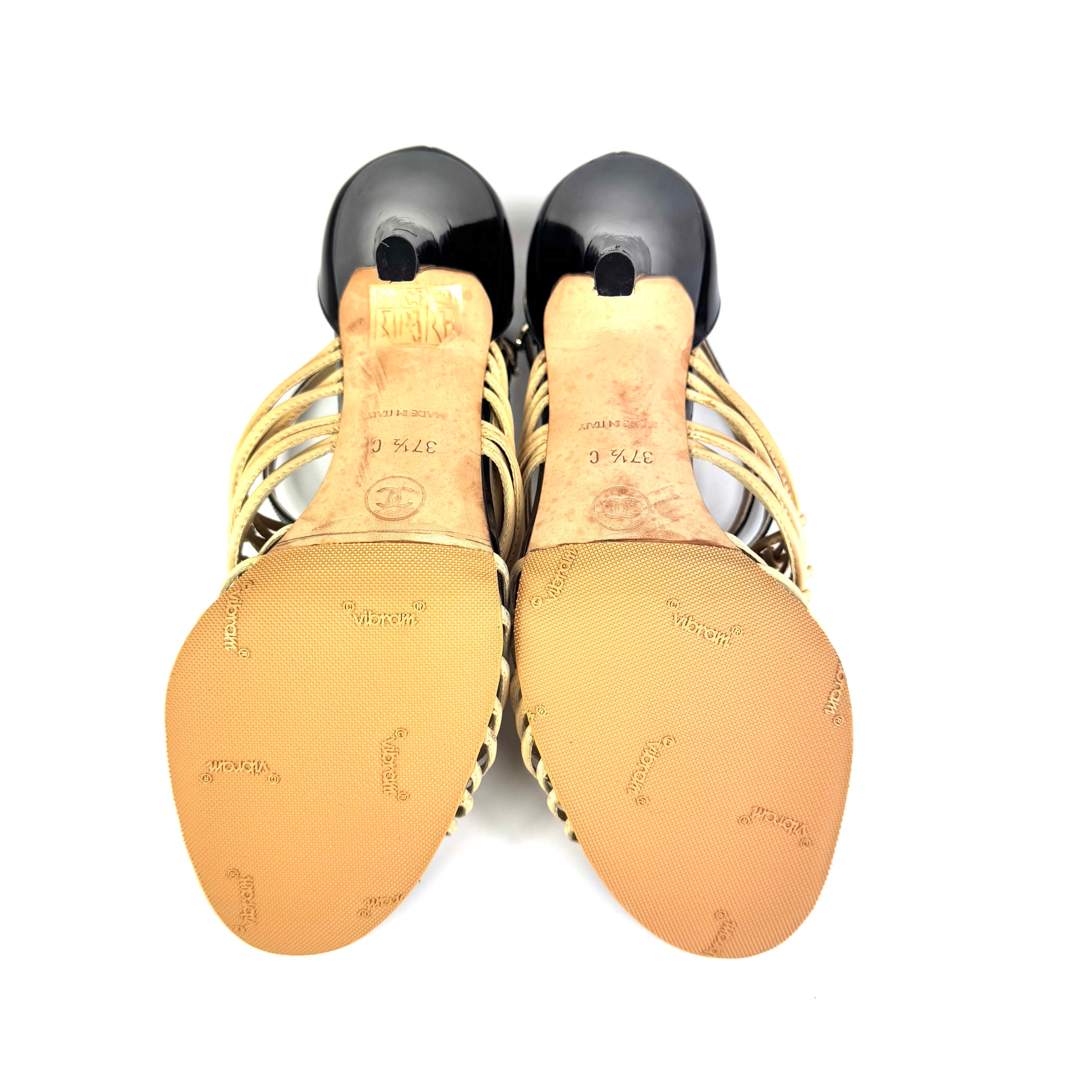 シャネル CHANEL ヒールサンダル ストラップ ココマーク ベージュ ブラック 37 1/2C 日本サイズ約24.5cm