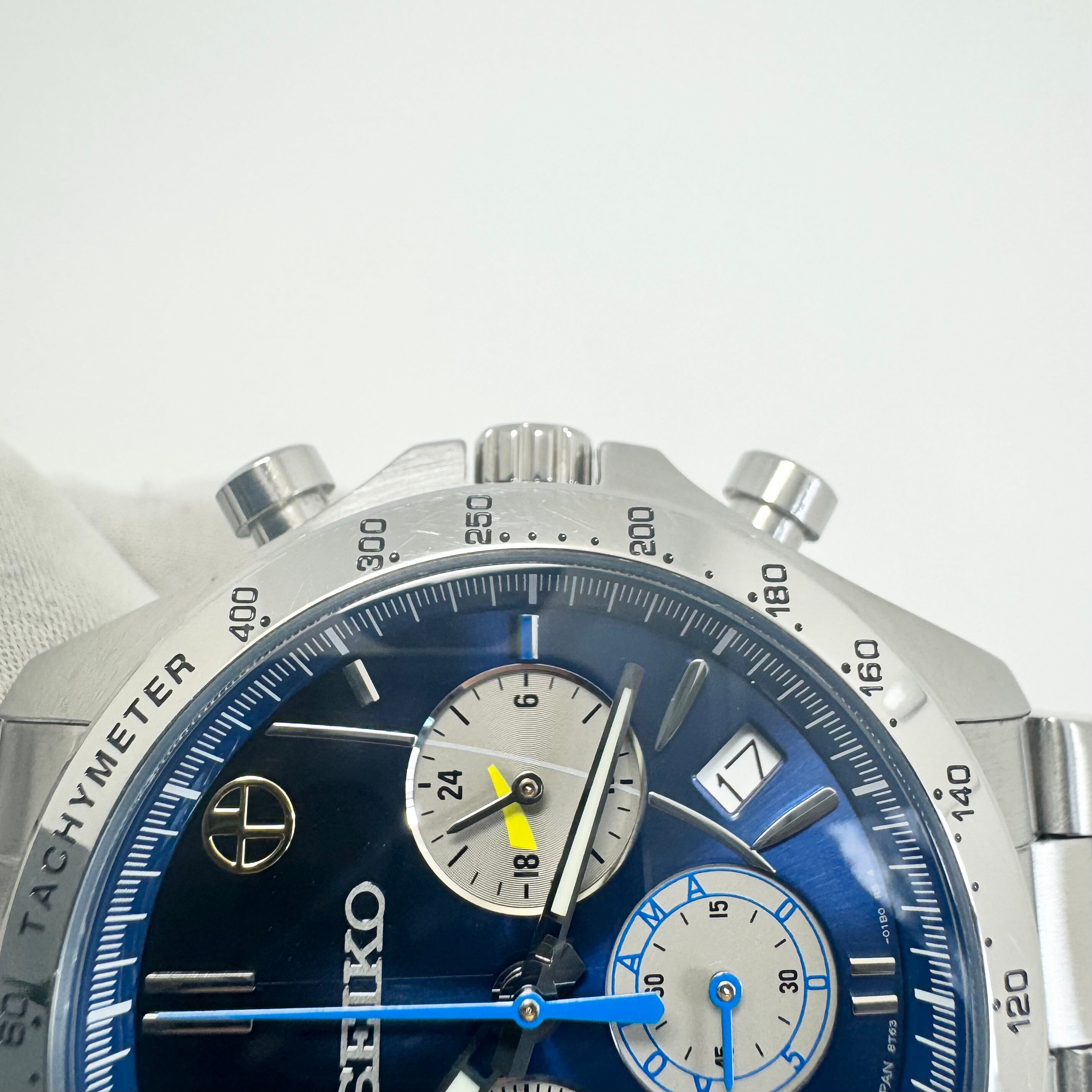 【希少】腕時計 メンズ セイコー SEIKO 8T63-0100 500系こだまウォッチ 500系新幹線 25周年記念モデル 5000本限定 クォーツ 青 クロノグラフ デイト表示 10気圧防水
