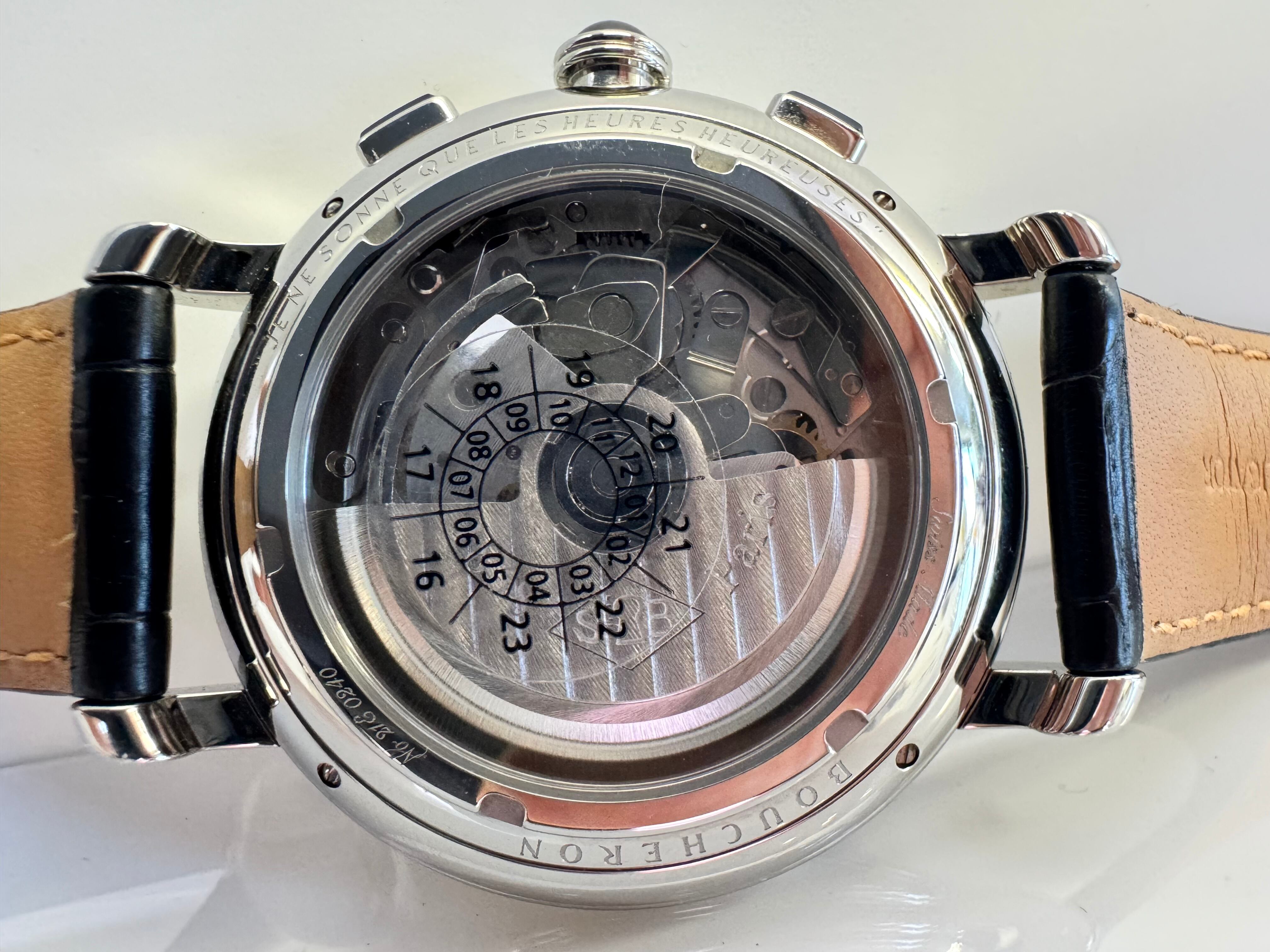 【美品】ブシュロン エピュール WA021302 自動巻 黒 クロノグラフ 裏スケ 革ベルト