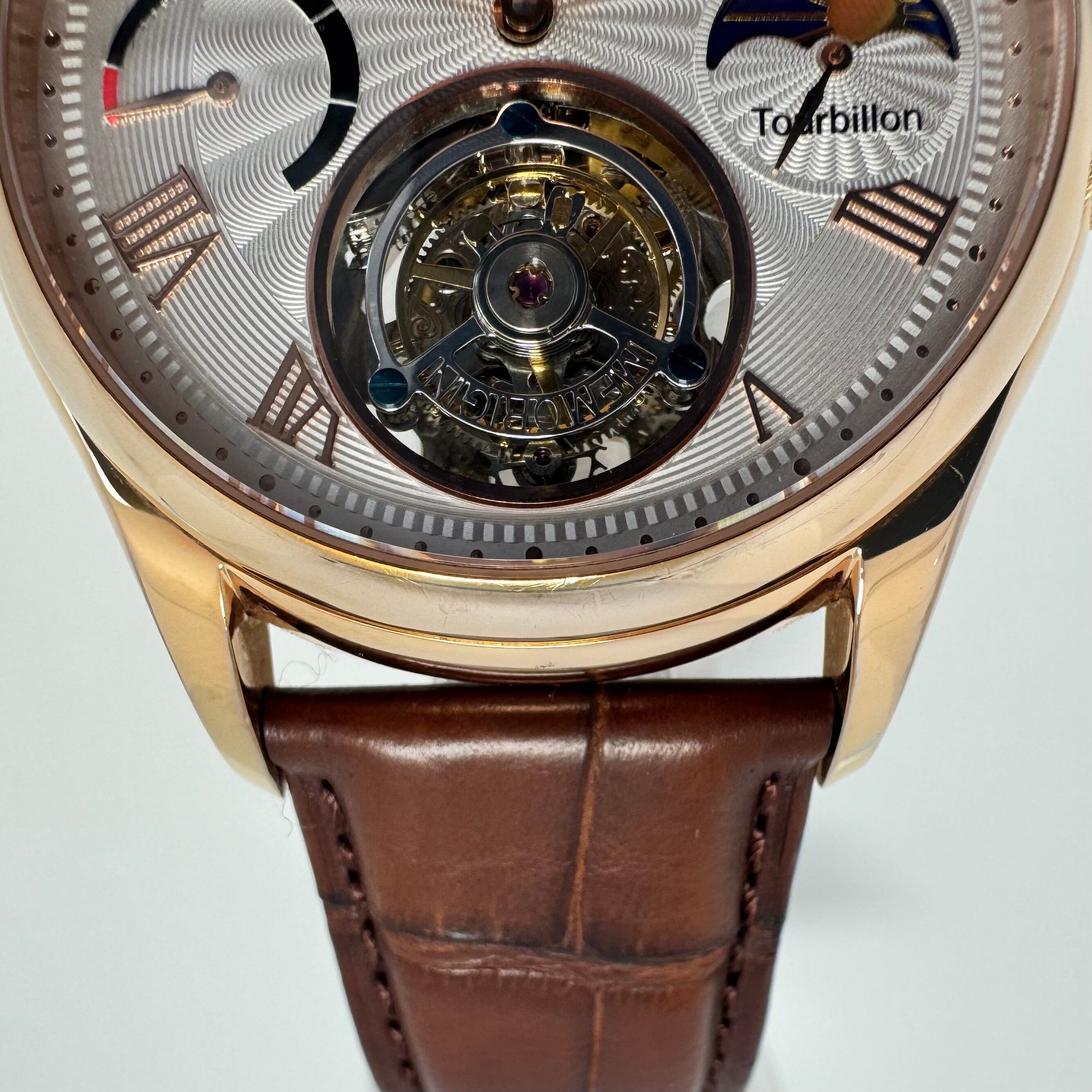 【希少】メモリジン ナビゲーター MO1001G J-866 トゥールビヨン 手巻き スケルトン アイボリー ゴールド パワーリザーブ 革ベルト