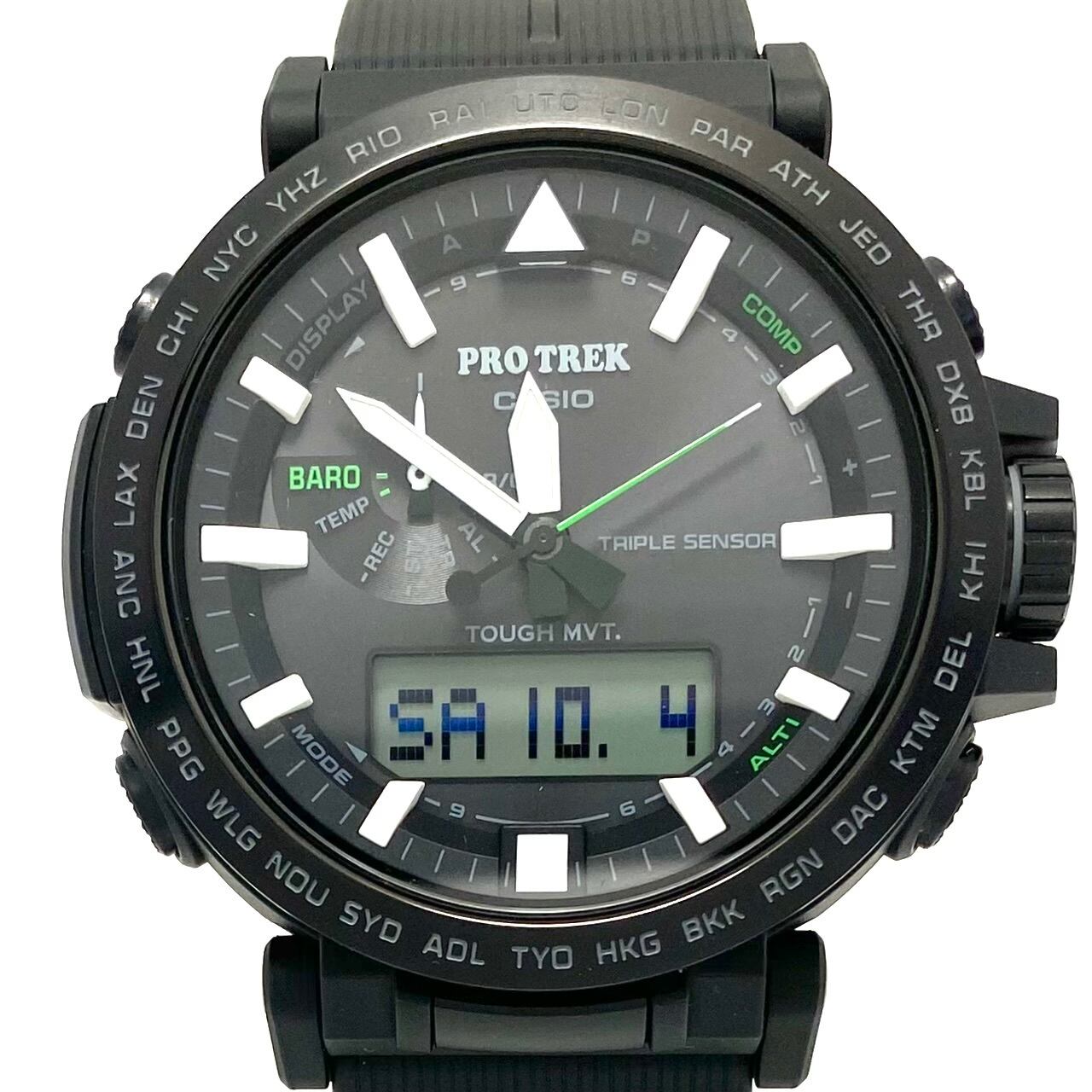 【美品】腕時計 メンズ カシオ CASIO プロトレック クライマーライン PRW-6621Y-1JF 電波ソーラー トリプルセンサー アナデジ 黒 樹脂ベルト バイオマスプラスチック 10気圧防水 アウトドア 登山