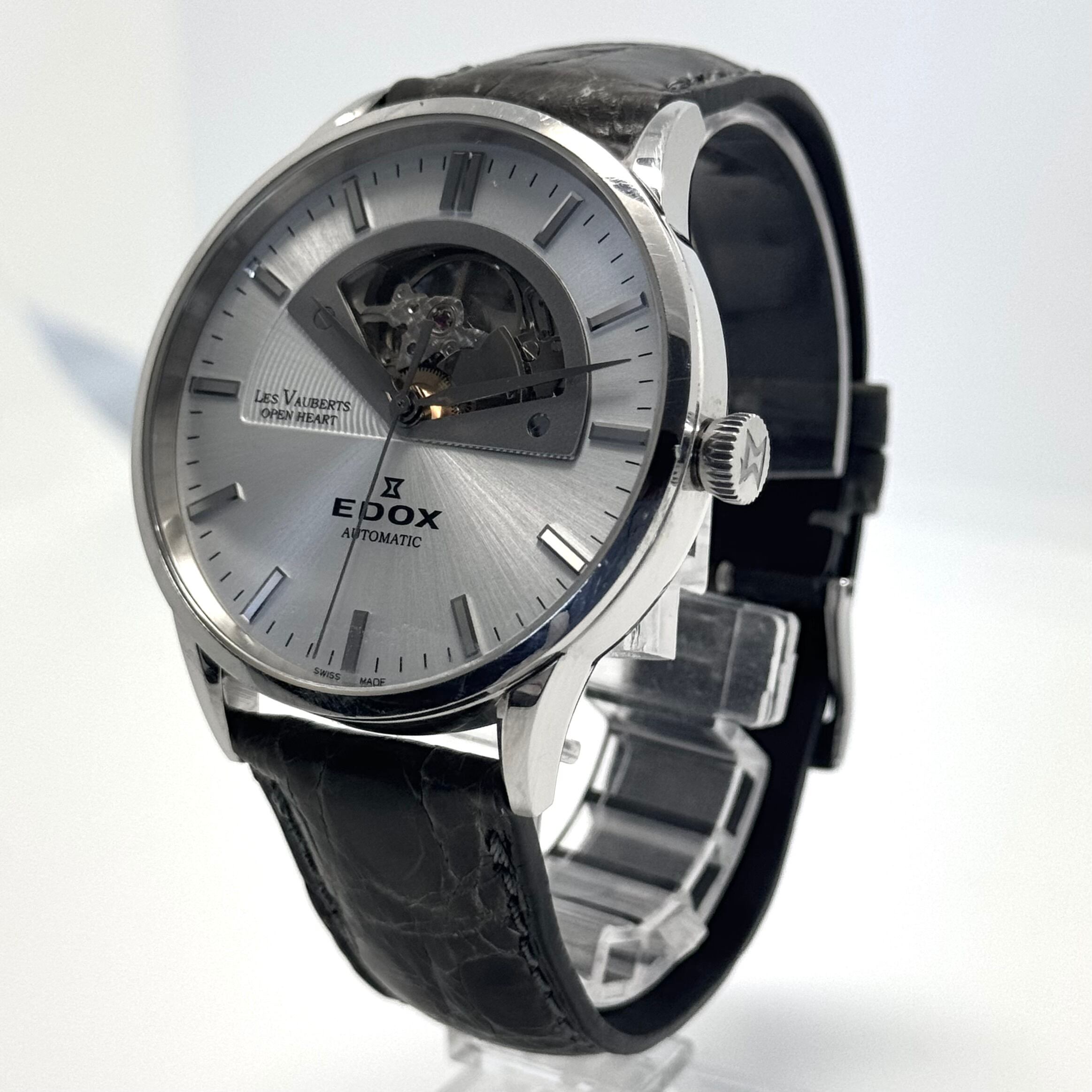 【希少】エドックス EDOX 85014-3-AIN レ・ヴォベール オープンハート 自動巻 シルバー 革ベルト