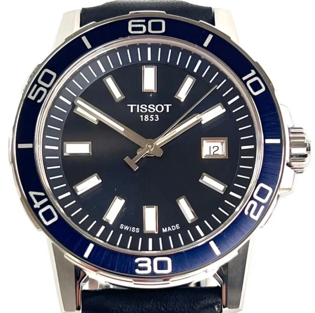 【美品】ティソ TISSOT スーパースポーツ T125610A クォーツ デイト表示 ネイビー 革ベルト