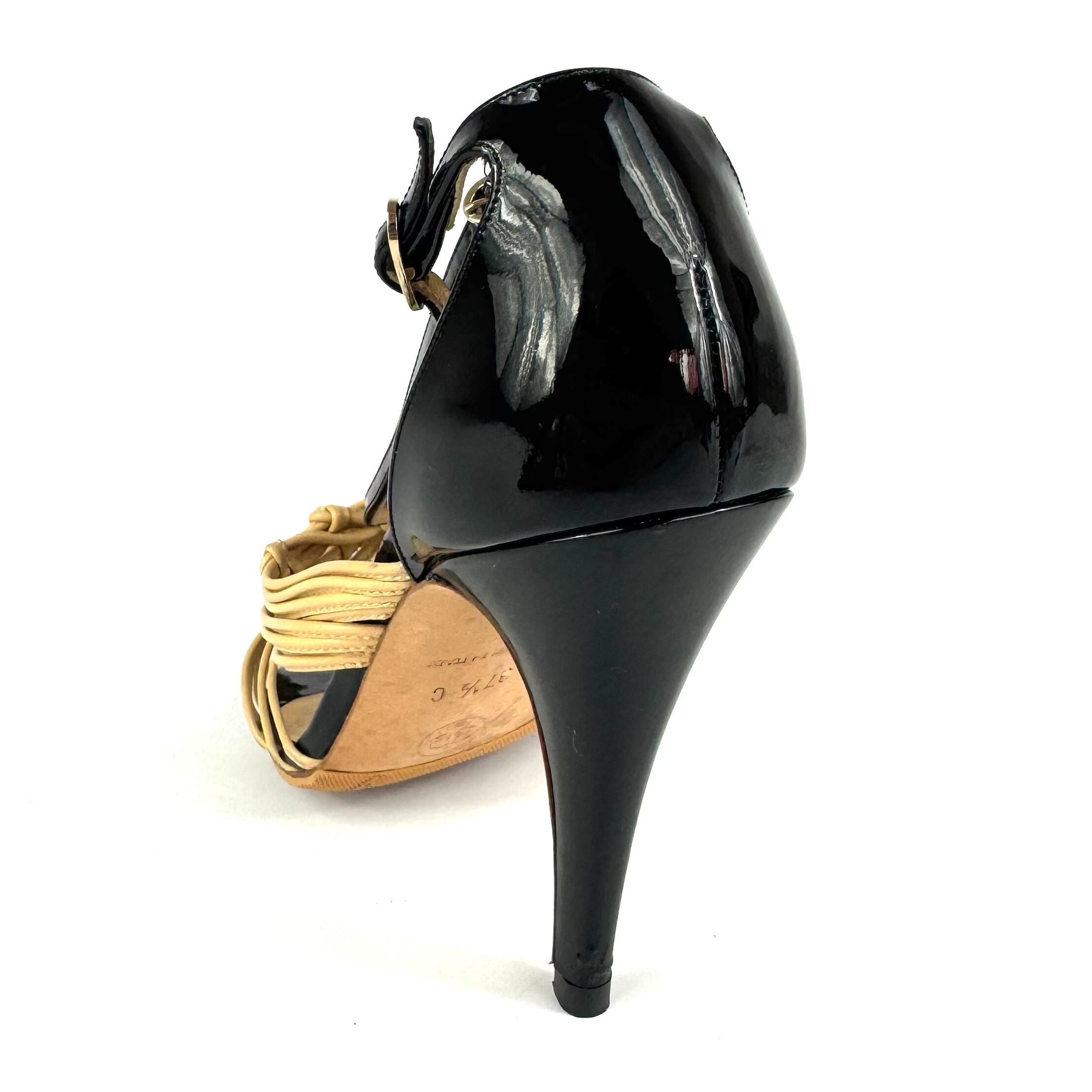 シャネル CHANEL ヒールサンダル ストラップ ココマーク ベージュ ブラック 37 1/2C 日本サイズ約24.5cm