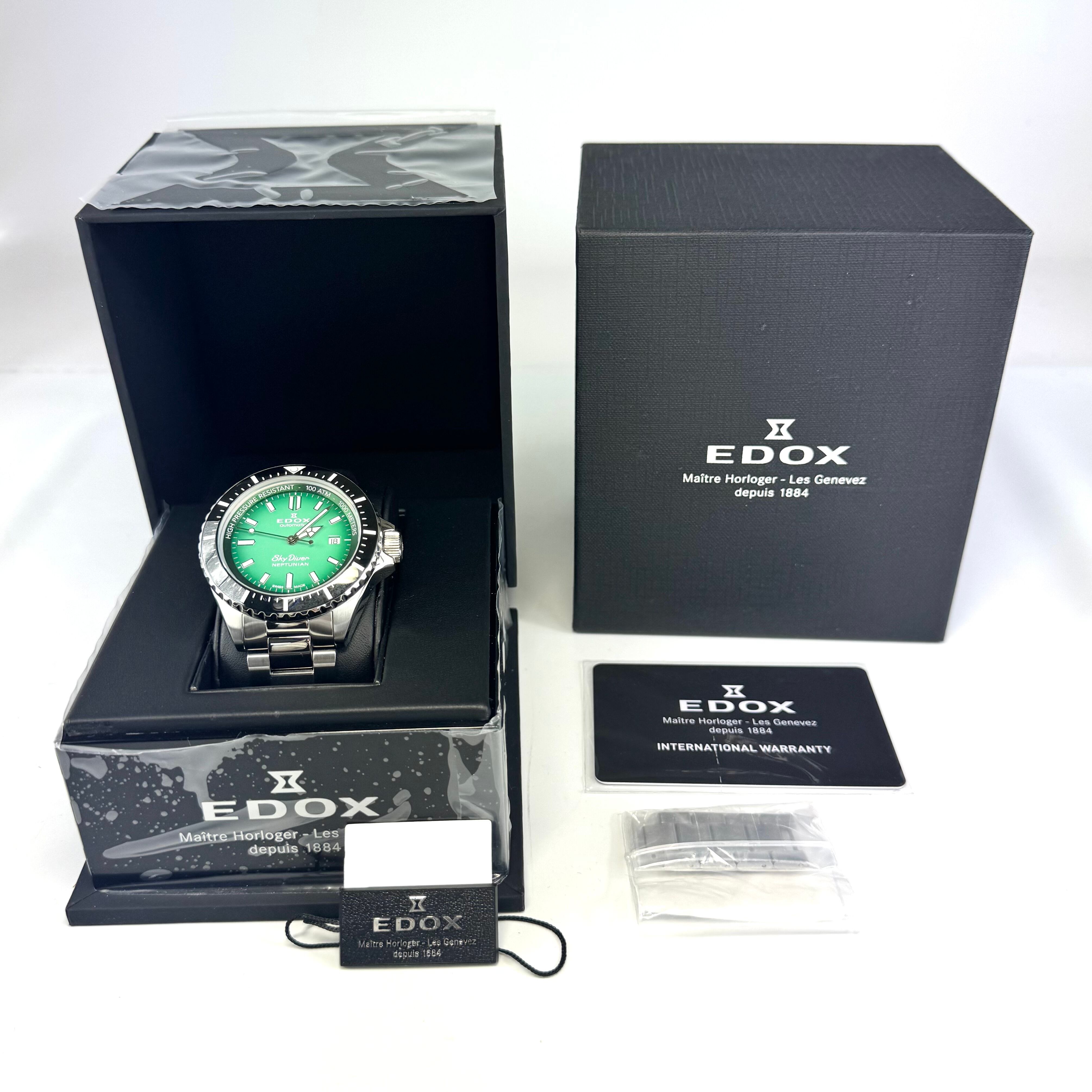 【美品】エドックス EDOX スカイダイバー ネプチュニアン 80120-3NM-VDN ダイバーズ 自動巻 グリーン デイト表示 セラミック