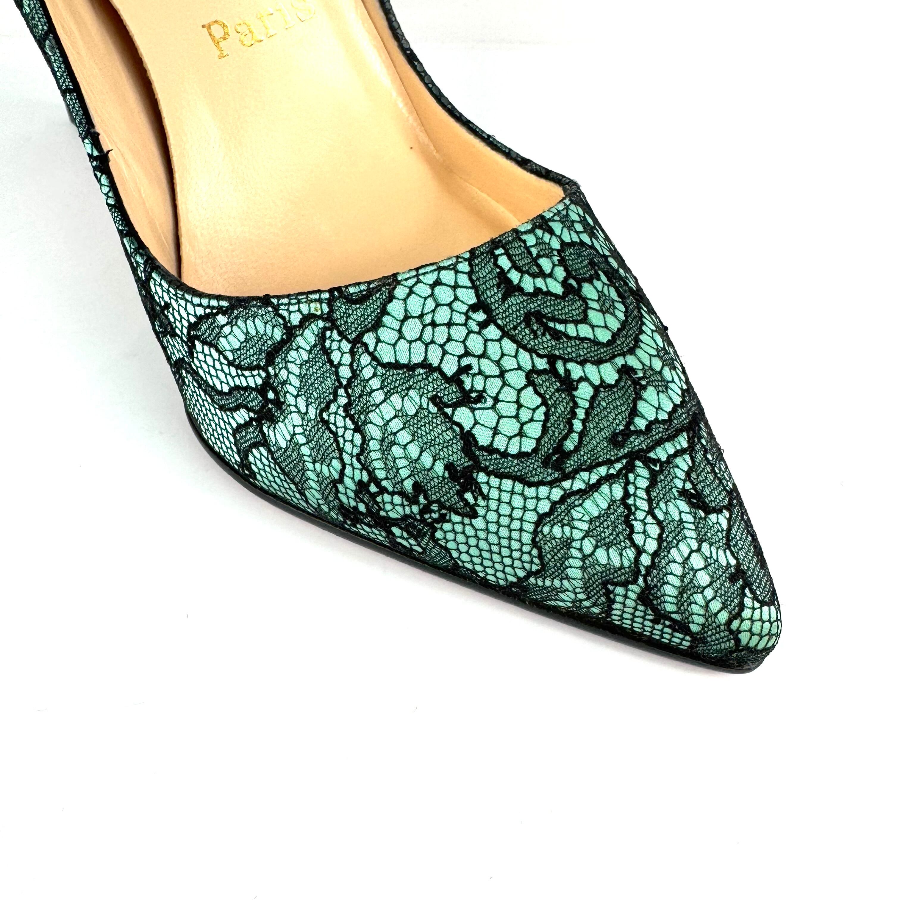 クリスチャンルブタン Christian Louboutin パンプス フラワーレース パーティー グリーン ブラック 37 日本サイズ約24cm