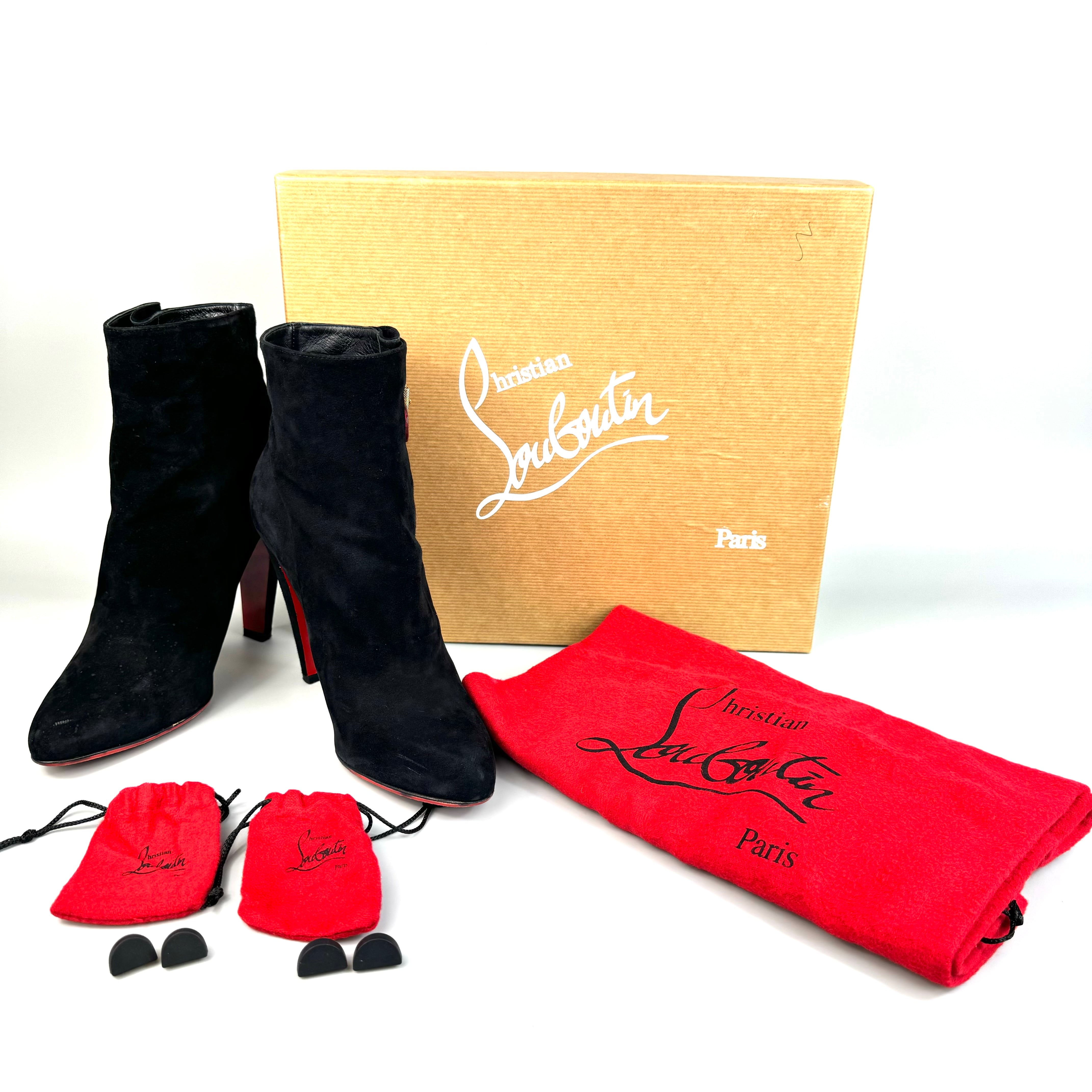 クリスチャンルブタン ショートブーツ サイドベルト スエード 赤 黒 25cm