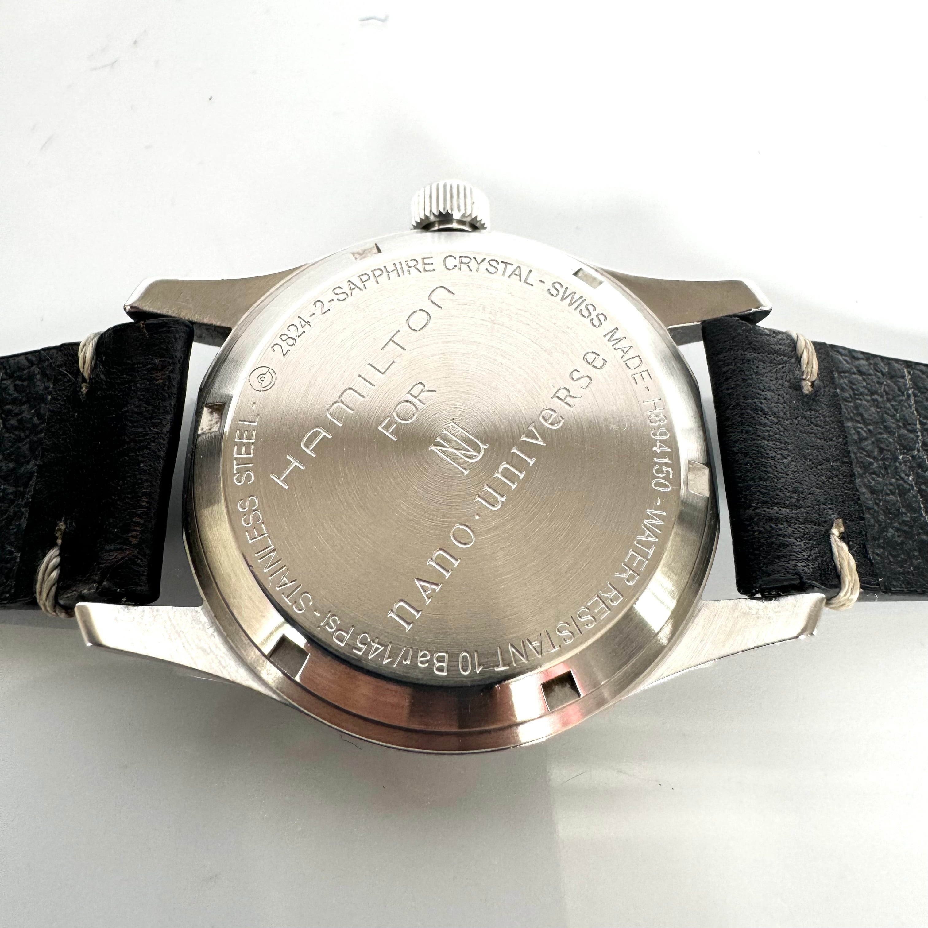 【希少】ハミルトン カーキフィールド H89415733 H894150 ナノユニバース別注 限定品 自動巻 黒 革ベルト デイト表示