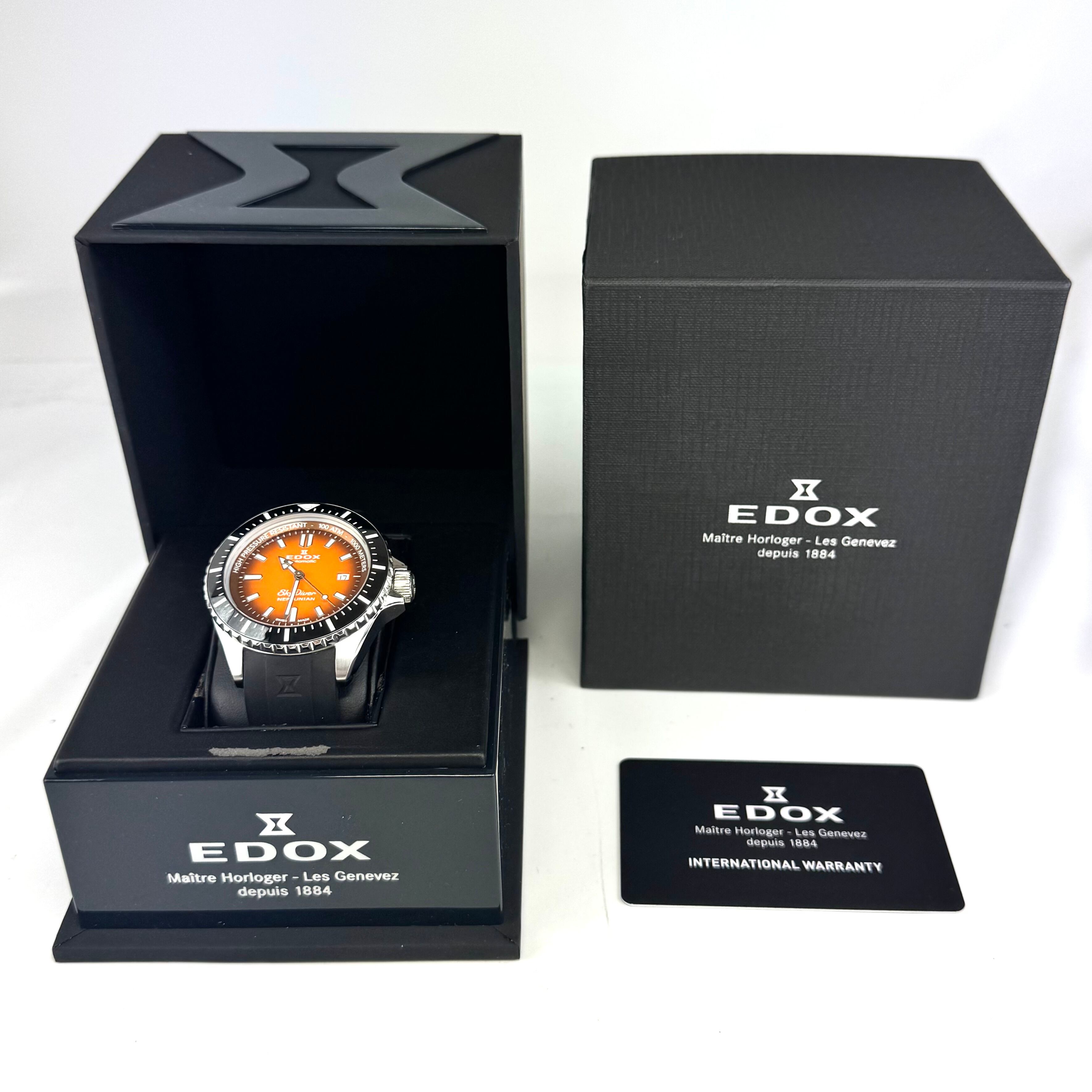 【美品】腕時計 メンズ エドックス スカイダイバー ネプチュニアン 80120-3NCA-ODN ダイバーズ 自動巻 オレンジ デイト表示 樹脂ベルト セラミック 1000m防水