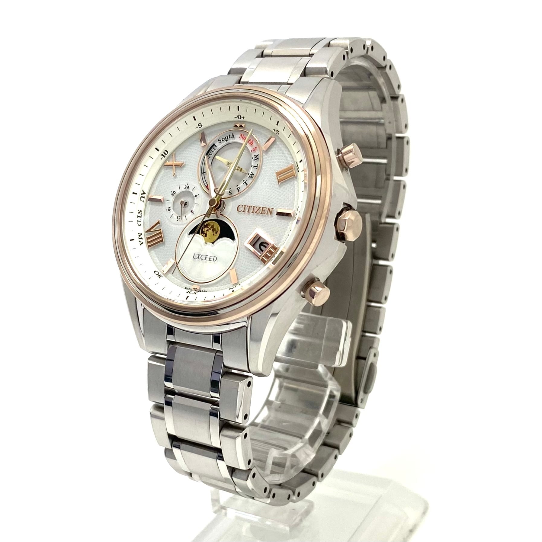 【美品】腕時計 メンズ シチズン エクシード BY1026-65A H874-004JJ02 電波ソーラー ムーンフェイズ 月暈 ルナプログラム シルバー チタニウム デイト表示