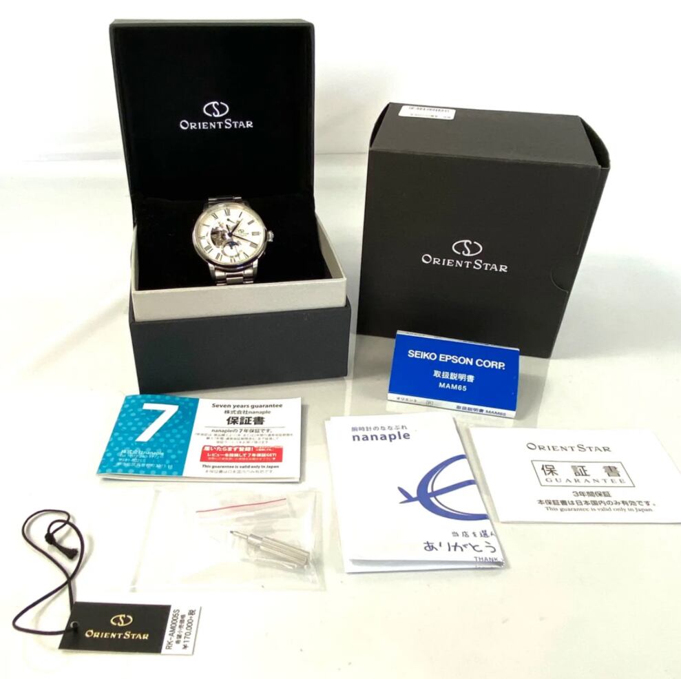 【美品】オリエント オリエントスター RK-AM0005S F7X6-UAA0 自動巻 手巻 セミスケルトン シルバー デイト表示 パワーリザーブ ムーンフェイズ ローマ数字