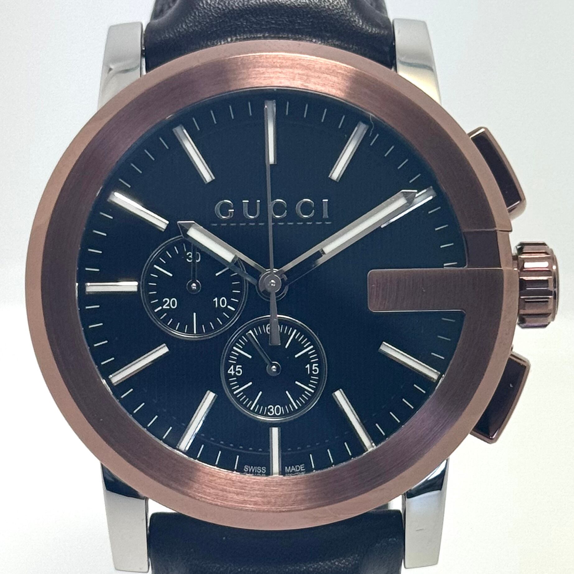 【美品】グッチ GUCCI Gクロノ YA101202 101.2 クォーツ 黒 クロノグラフ 革ベルト