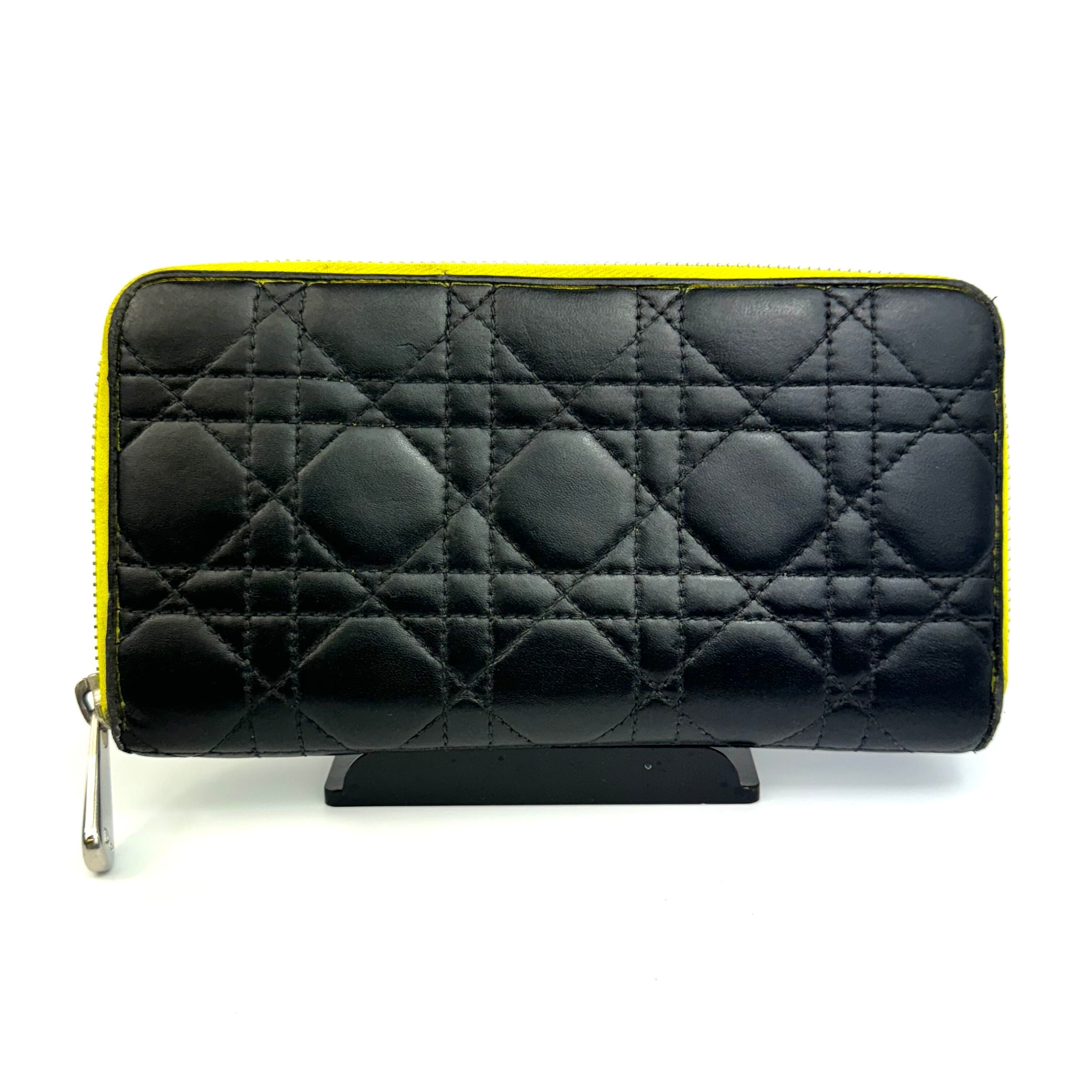 クリスチャンディオール カナージュ ロングウォレット ラウンドジップ レザー 黒 黄色 チャームなし