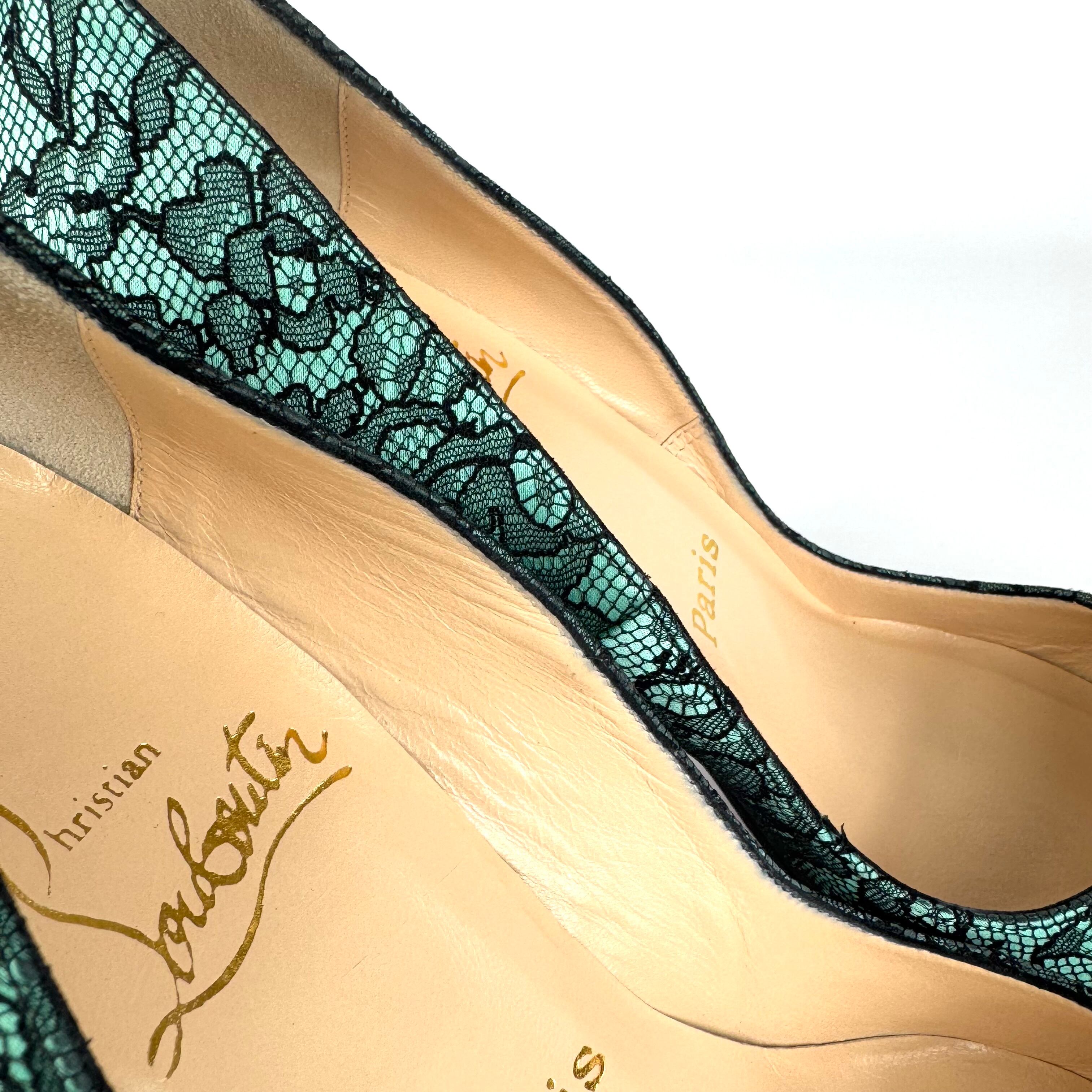 クリスチャンルブタン Christian Louboutin パンプス フラワーレース パーティー グリーン ブラック 37 日本サイズ約24cm
