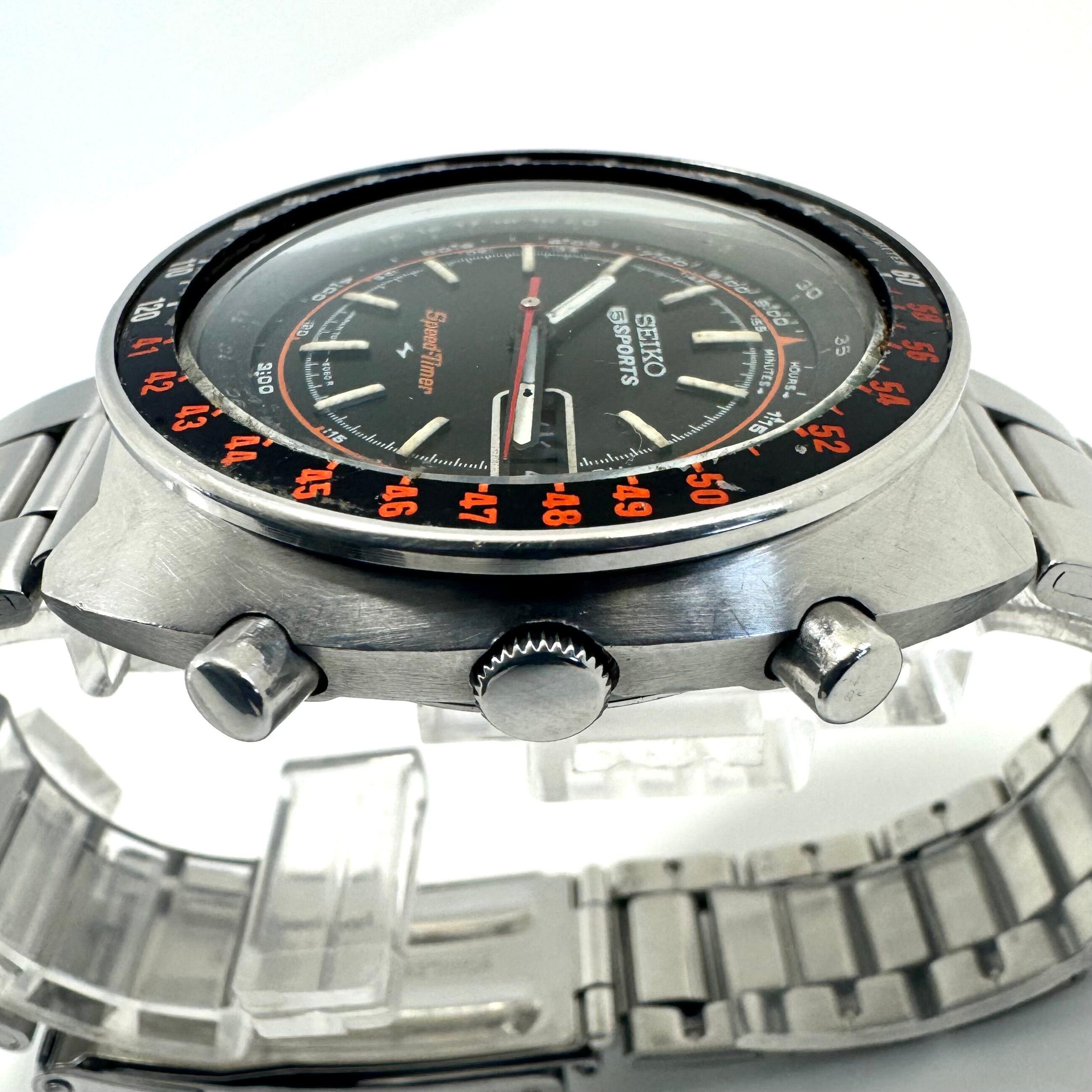 【希少】腕時計 メンズ セイコー 5スポーツ スピードタイマー ラリーメーター 7017-6050 自動巻 黒 デイデイト表示(日本語・英語) クロノグラフ 1971年製 ヴィンテージ 社外ベルト