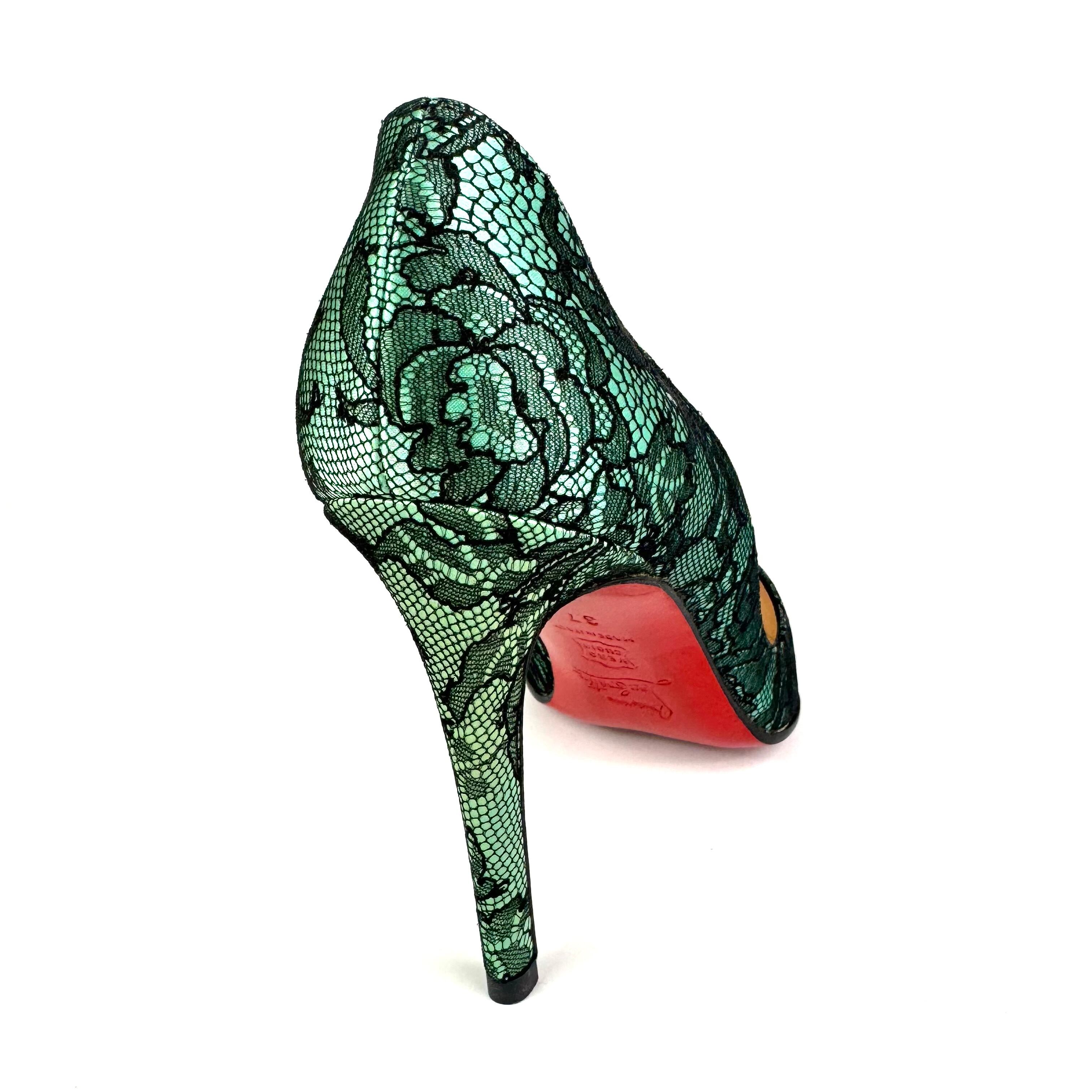 クリスチャンルブタン Christian Louboutin パンプス フラワーレース パーティー グリーン ブラック 37 日本サイズ約24cm