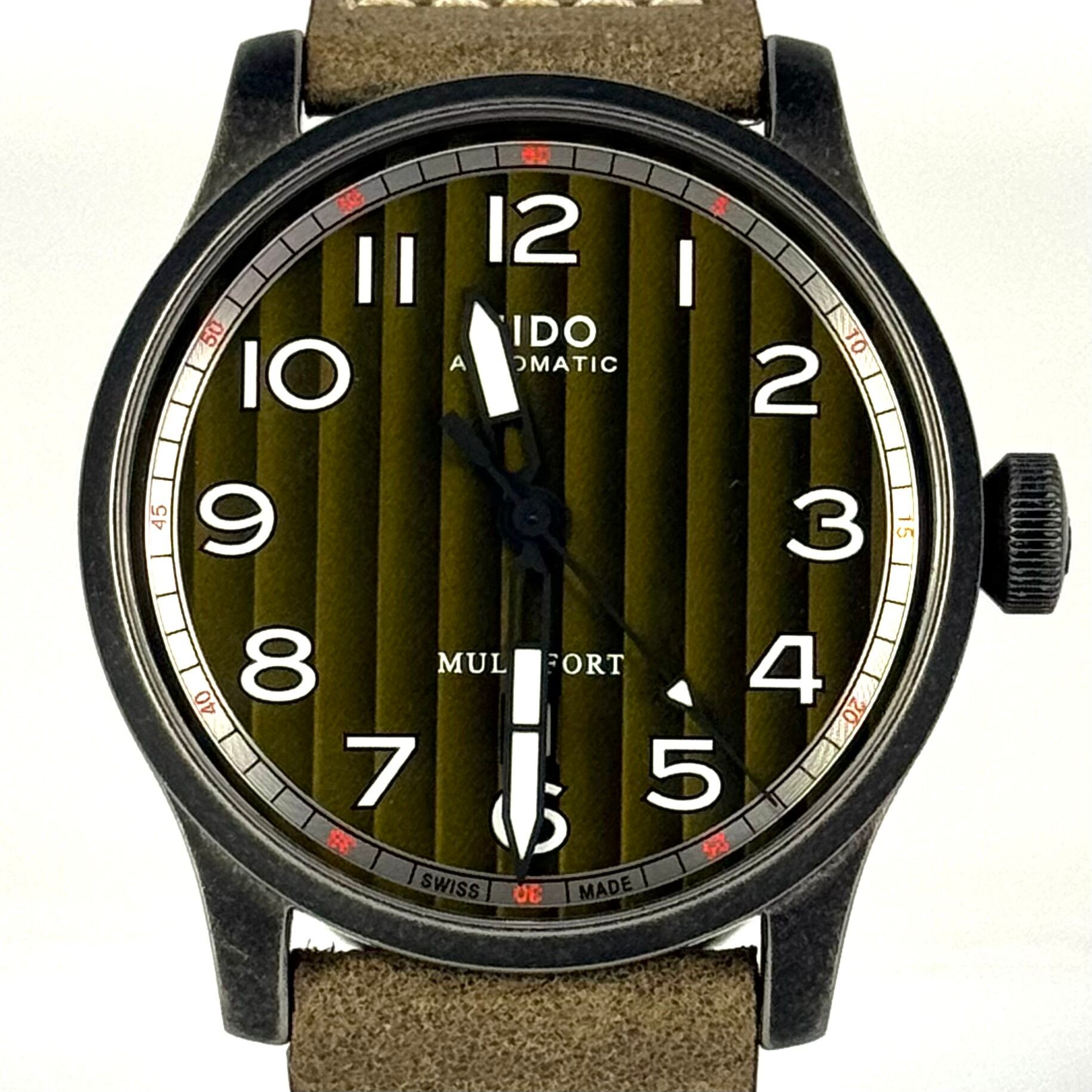 【美品】ミドー MIDO マルチフォート M032607A 自動巻 デイト表示 裏スケ カーキ 革ベルト