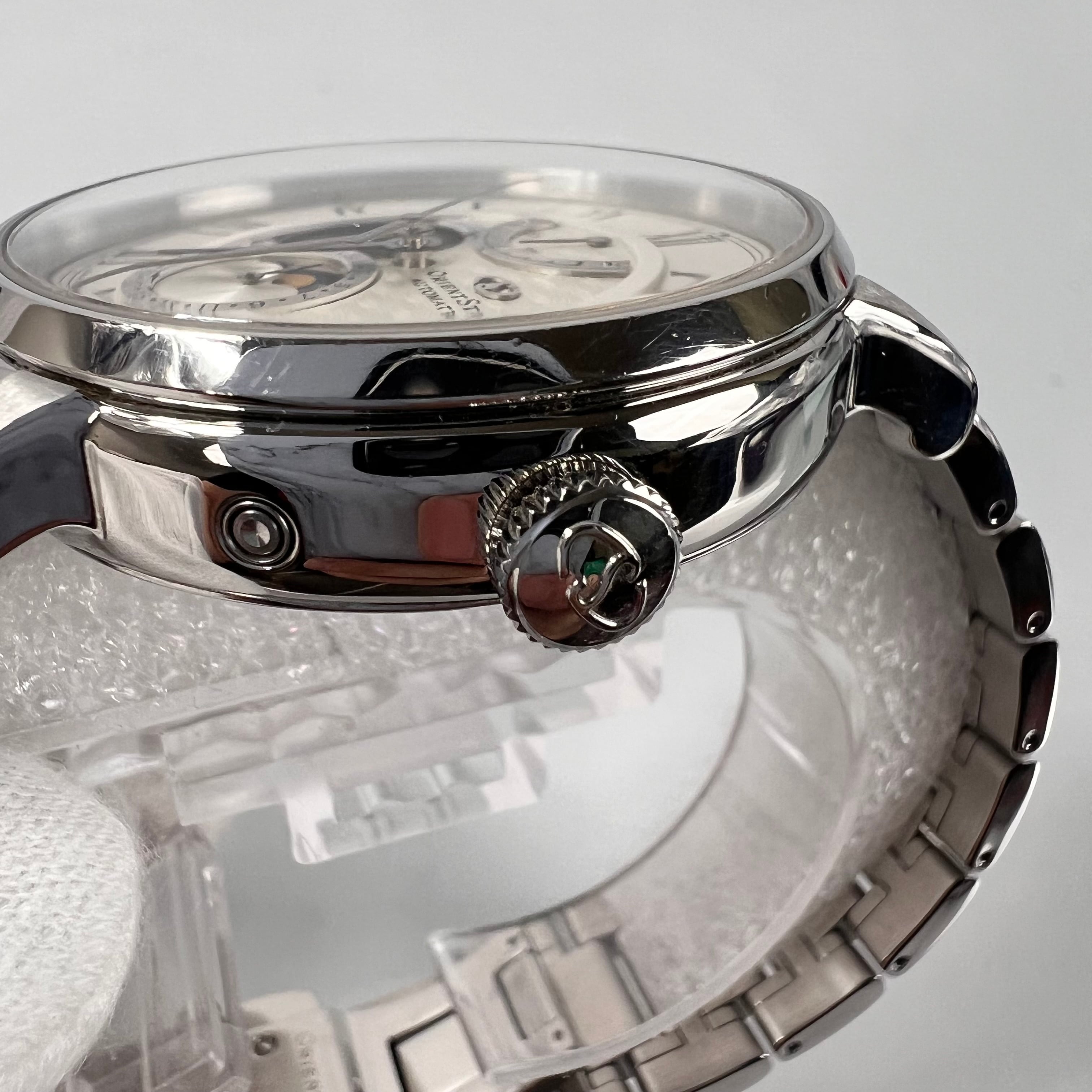 【美品】オリエント オリエントスター RK-AM0005S F7X6-UAA0 自動巻 手巻 セミスケルトン シルバー デイト表示 パワーリザーブ ムーンフェイズ ローマ数字