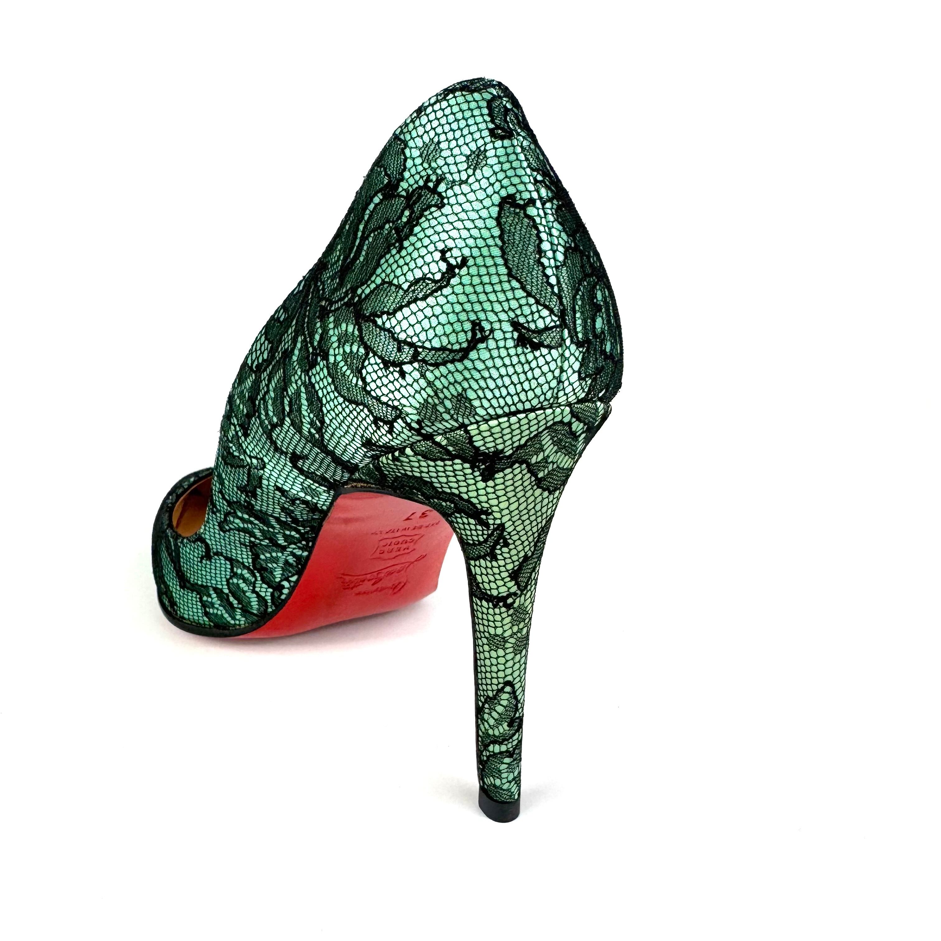 クリスチャンルブタン Christian Louboutin パンプス フラワーレース パーティー グリーン ブラック 37 日本サイズ約24cm
